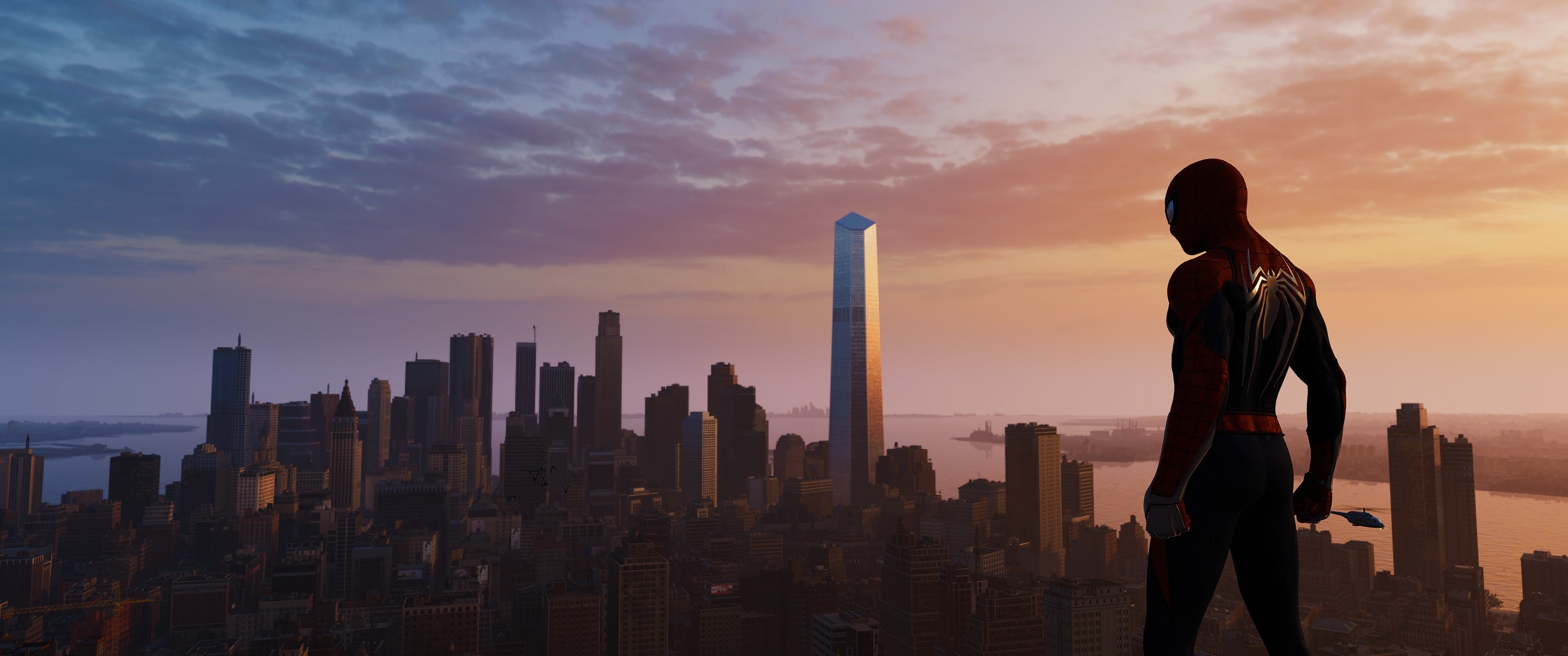 Spider Man Peter Parker New York City Video Games CGi Video Game Characters Clouds Sky City Superher 3440x1440