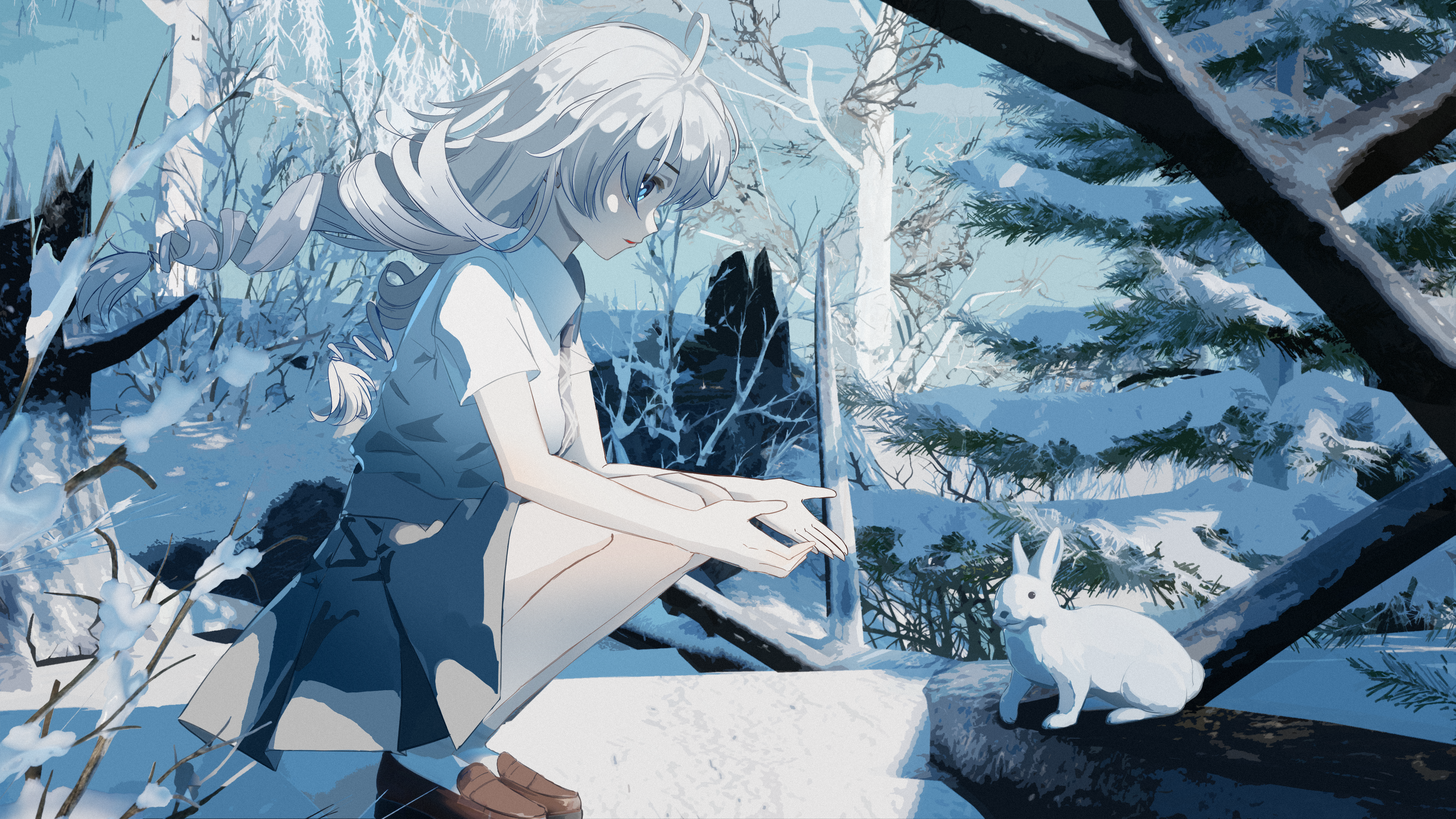 Anime Anime Girls Artwork White Hair Rabbits Winter Skirt Snow Trees Animals Long Hair Blue Eyes Bra 3840x2160