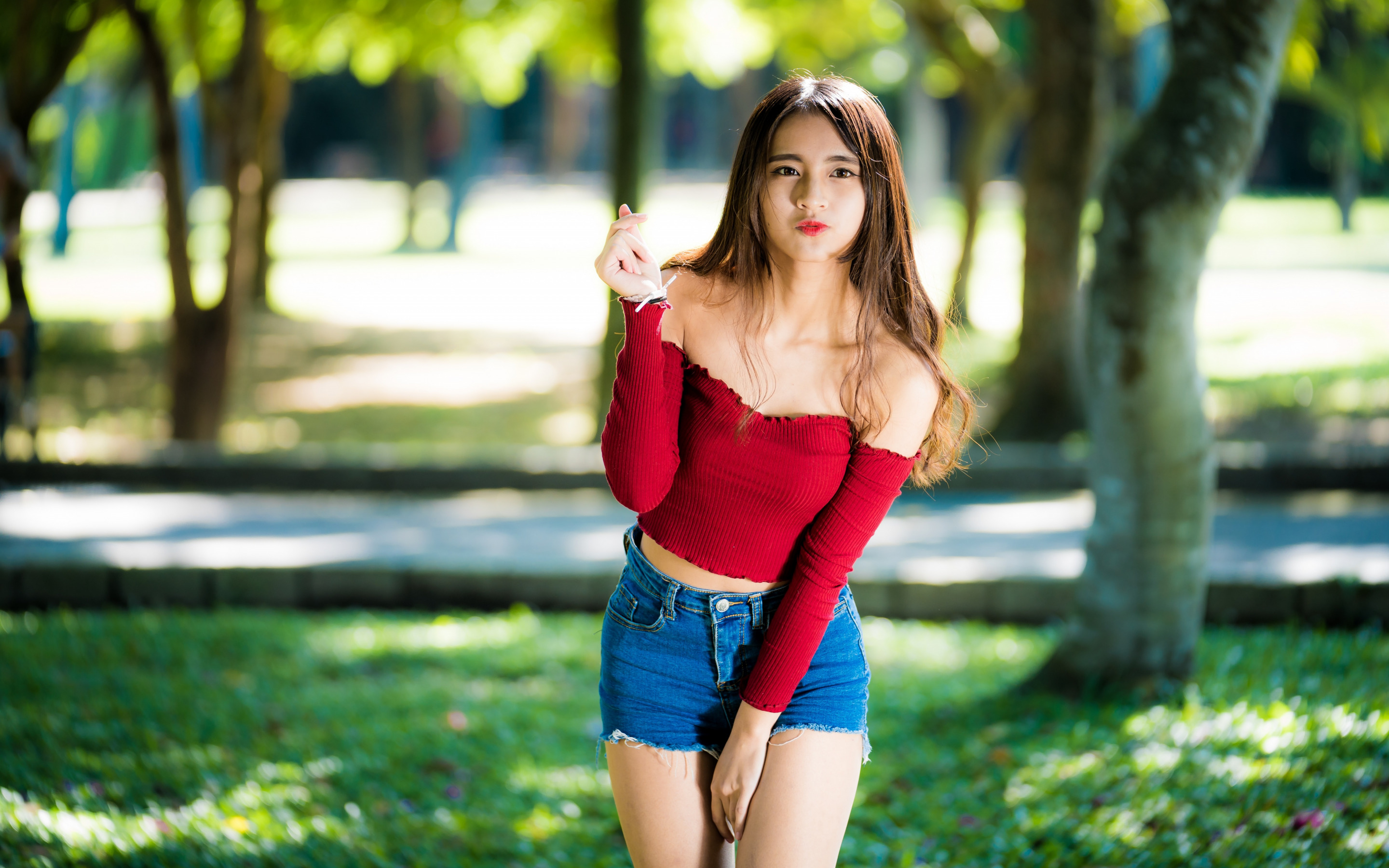 Model Red Lipstick Red Tops Jeans Standing Asian Women Outdoors Bare Shoulders Crop Top Jean Shorts 2880x1800