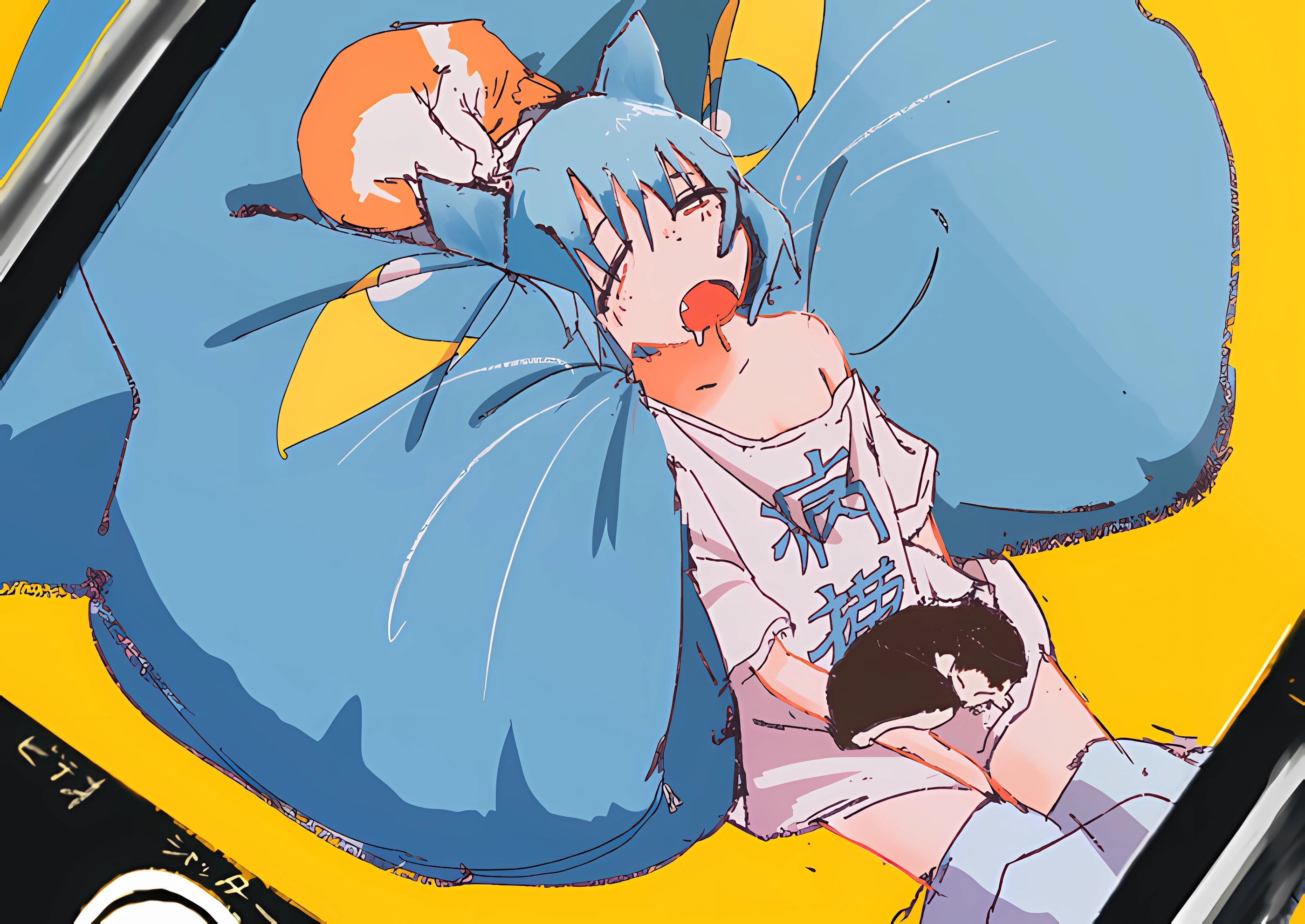 Anime Komugiko2000 Anime Girls Closed Eyes Sleeping Cats Animals Open Mouth 2800x1984