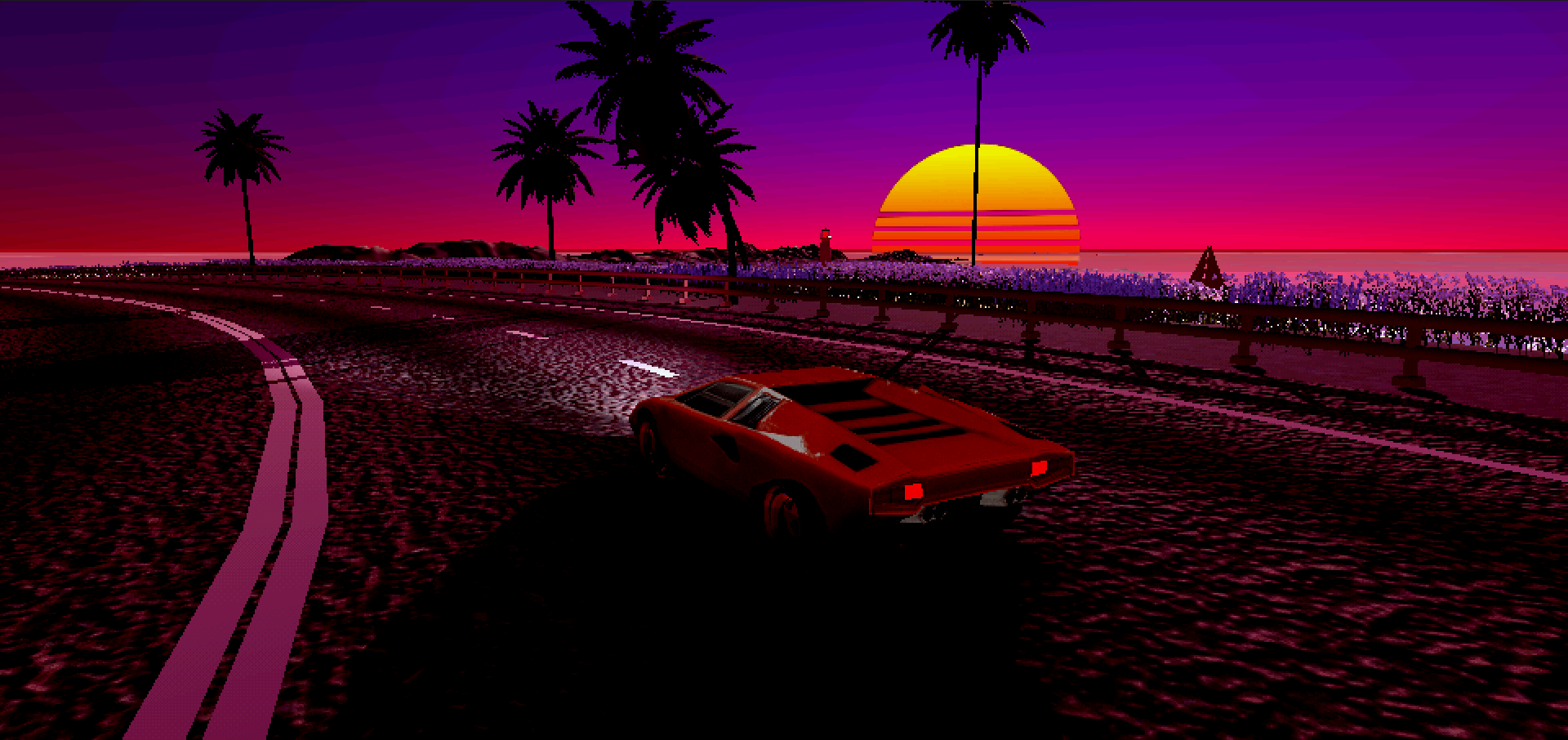 Synthwave Car Sunset Sun Palm Trees Video Game Art Vehicle Lamborghini Red Cars Video Games 1920x906