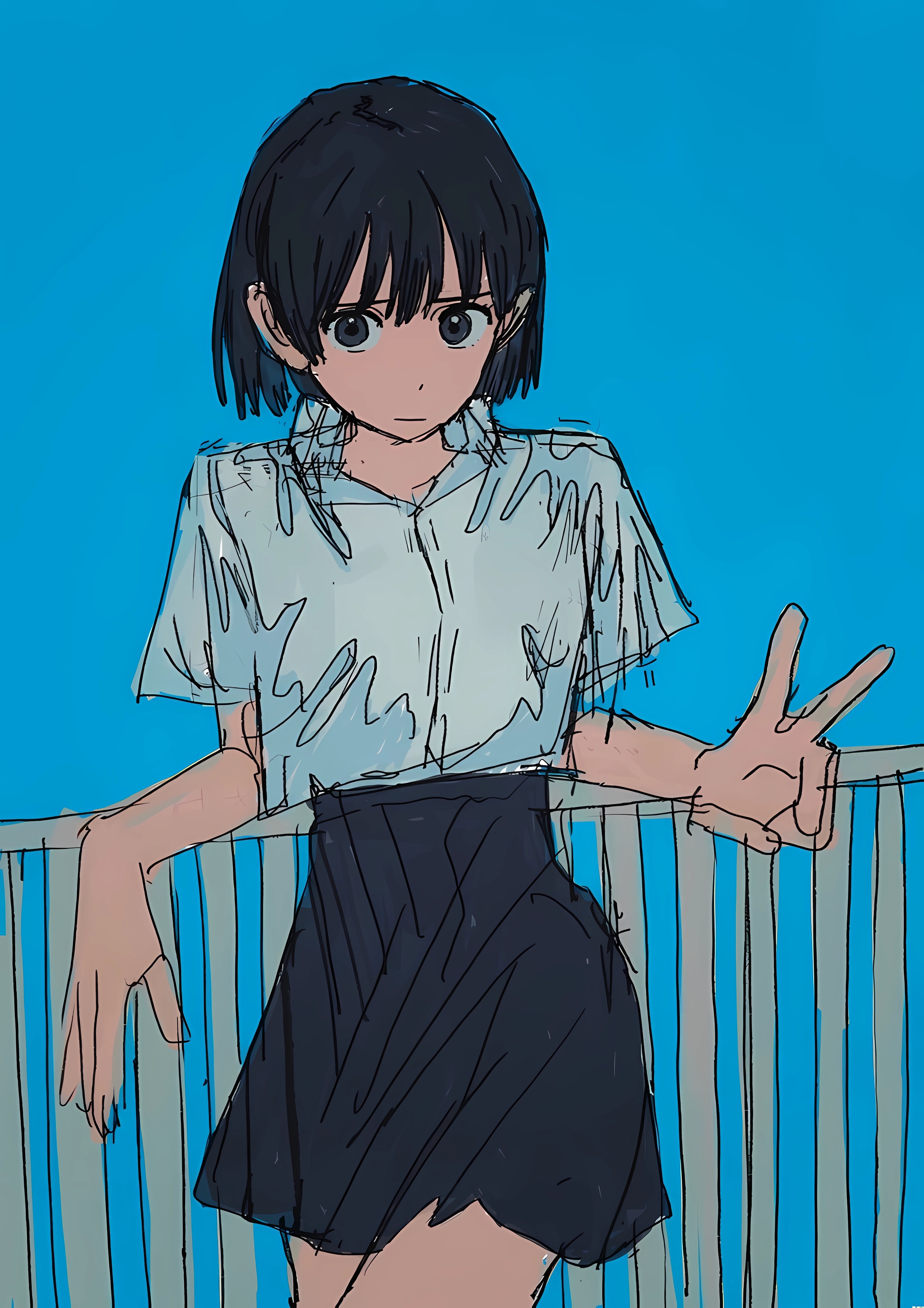 Anime Komugiko2000 Anime Girls Peace Sign Schoolgirl School Uniform Looking At Viewer Blue Backgroun 2800x3964