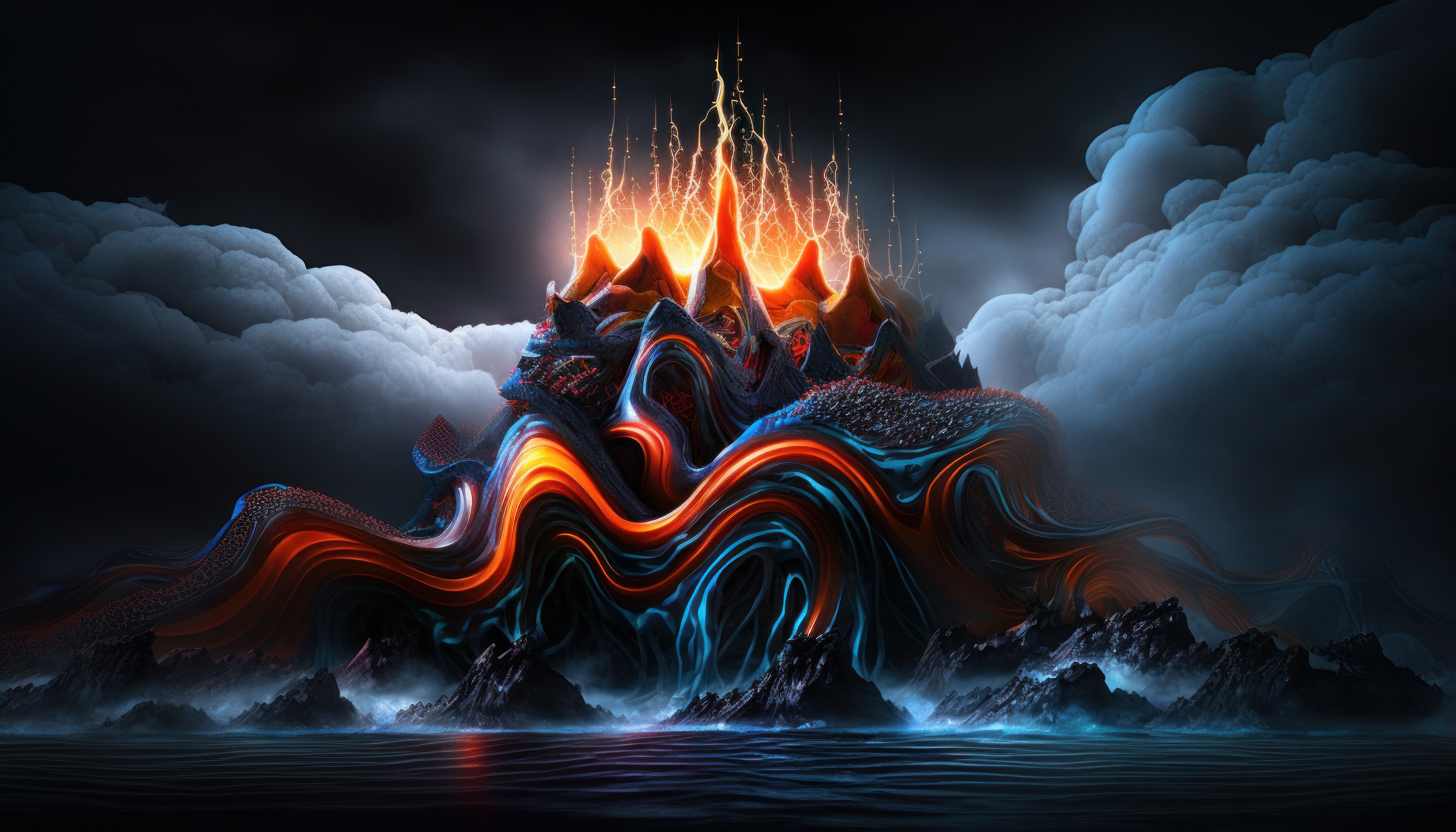 Ai Art Illustration Lava Citadel Water Clouds 4579x2616