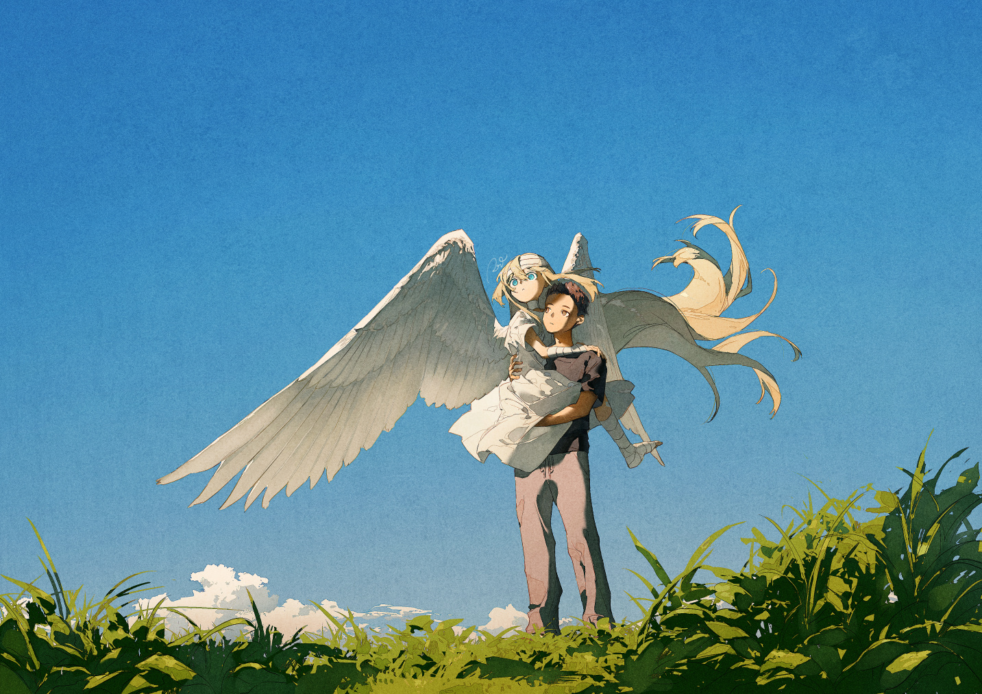 Clear Sky Anime Girls Anime Boys Angel Wings Blue Eyes Blonde Grass Sky Looking Away 1433x1013