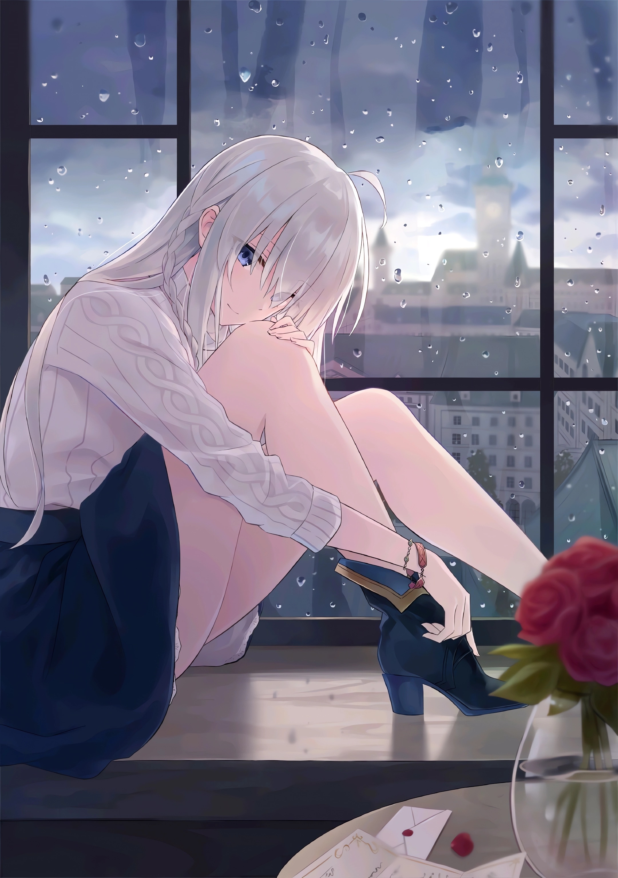 Anime Anime Girls Portrait Display Window Building Water Drops Flowers Letter Looking At Viewer Shoe 2160x3070