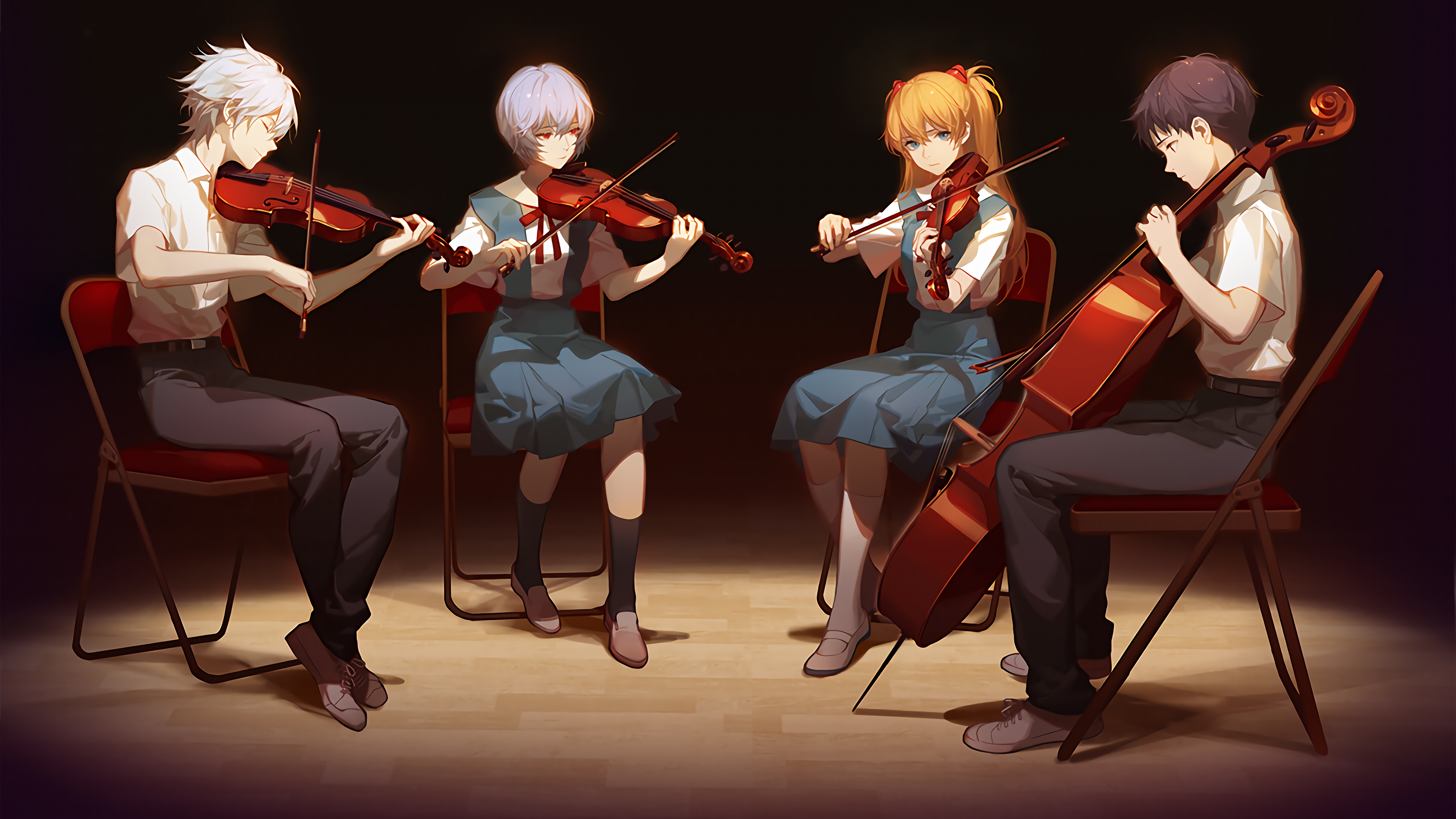 Hair Bows Women Artwork Ray Tracing Anime Girls Anime Boys Violin Cello Musical Instrument Neon Gene 3840x2160