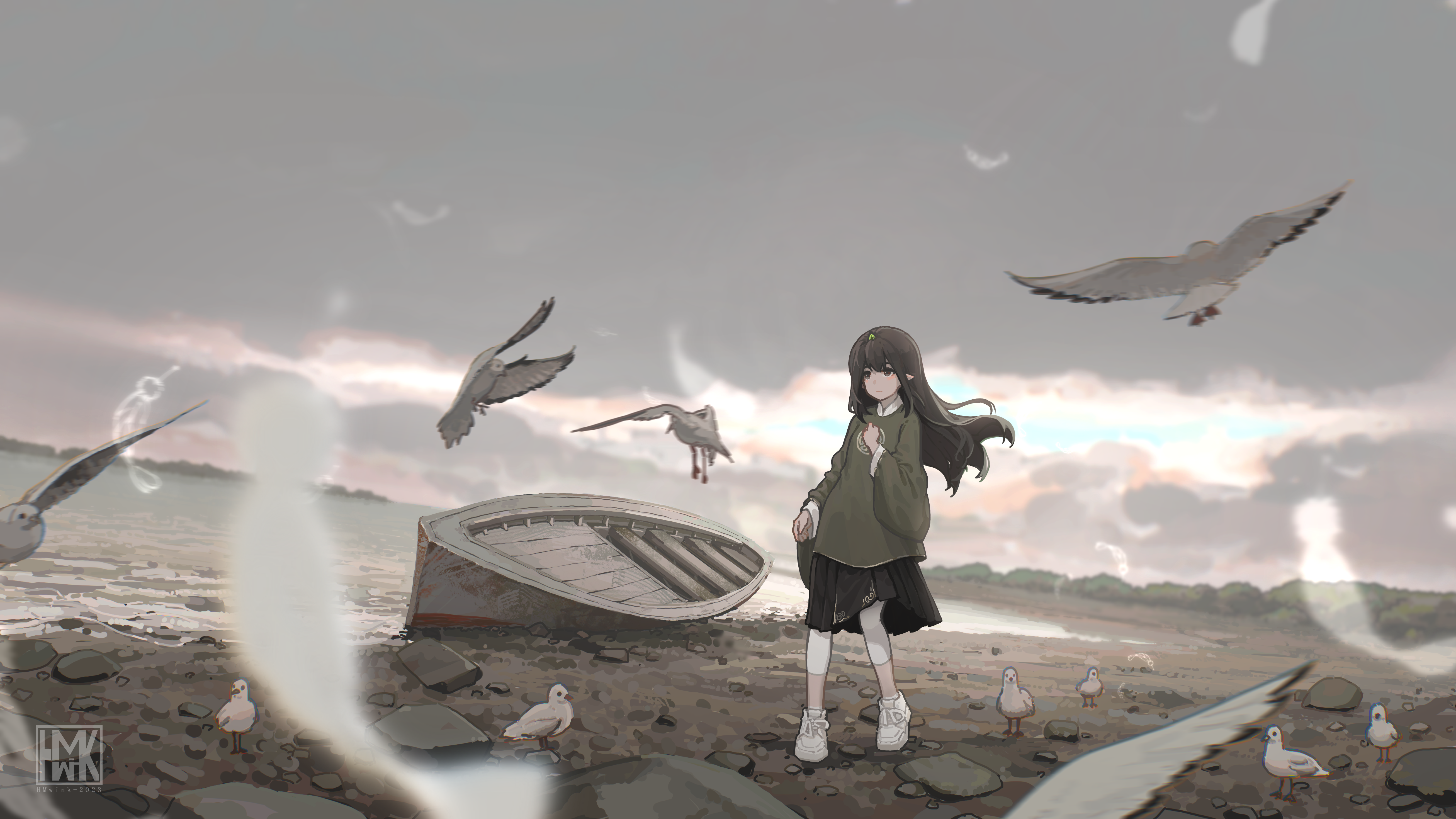 Yun Xi Digital Art Anime Girls Standing Pointy Ears Birds Animals Boat Water Clouds Sky Rocks Beach  5225x2939