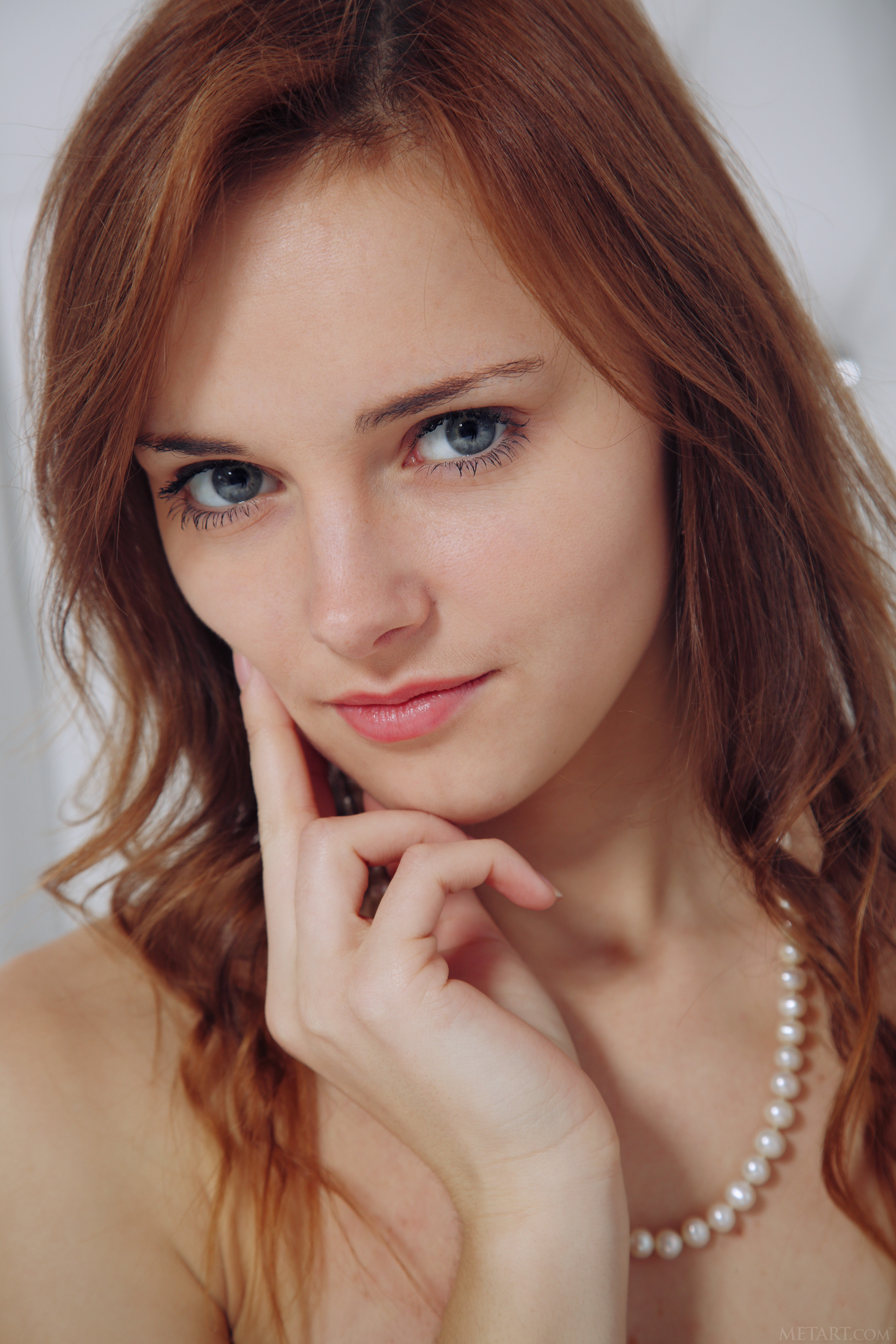 Eyes Women Model Brunette Blue Eyes Makeup Pearl Necklace Touching Face Portrait Women Indoors 2883x4324