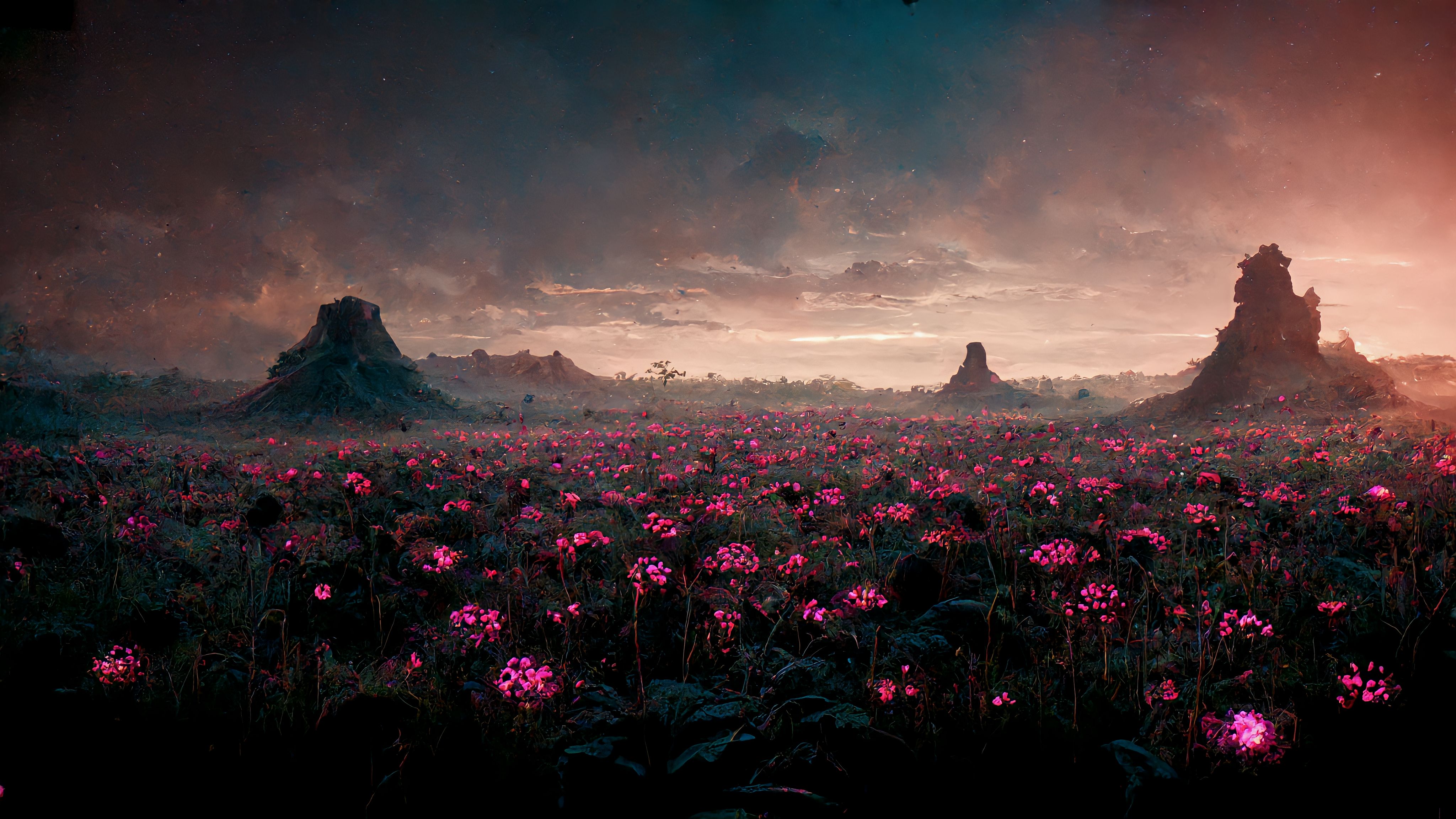 Pink Flowers Landscape Mountains Clouds Ai Art Plants Nature Dusk Flowers 4096x2304