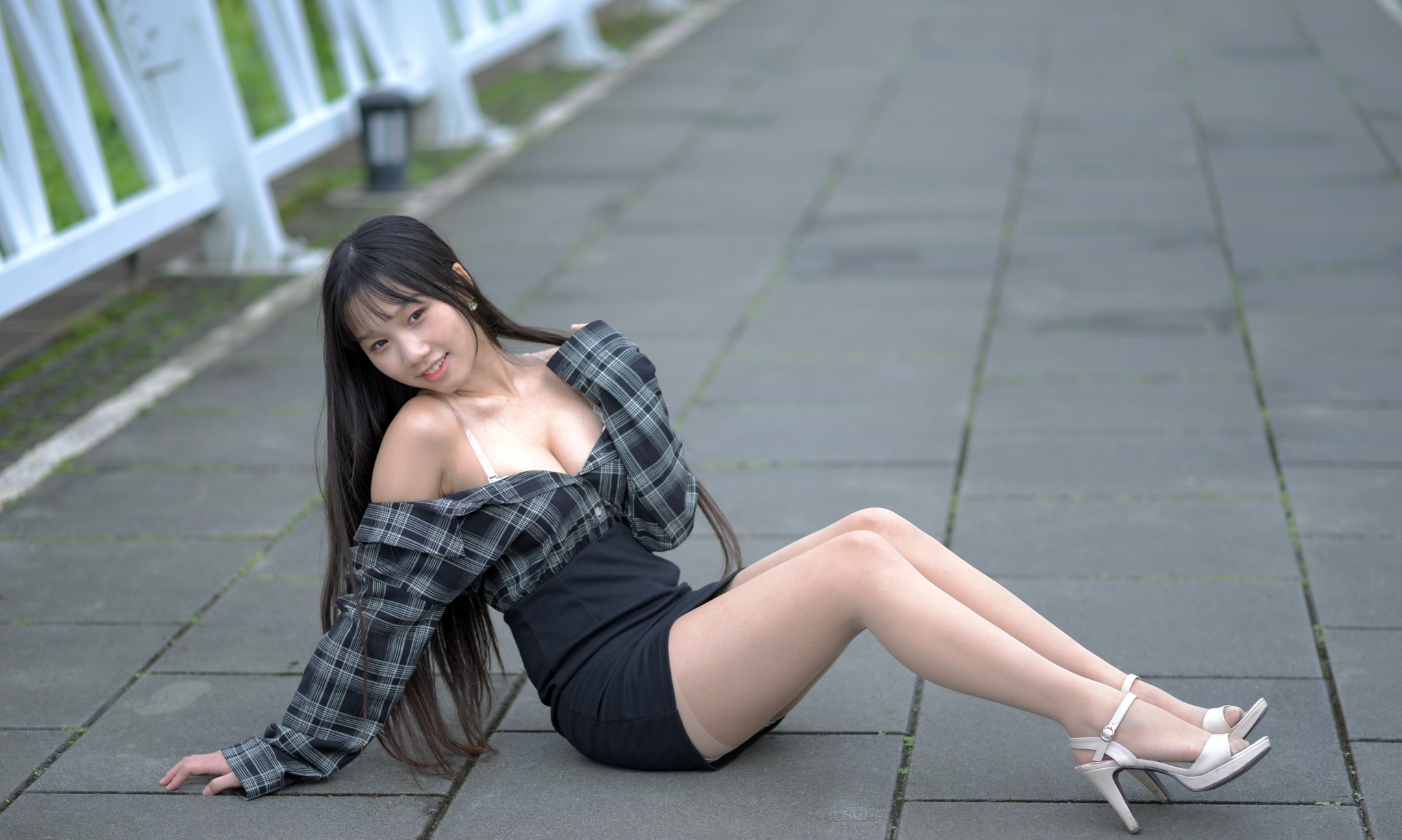 Asian Model Women Long Hair Dark Hair Sitting Depth Of Field White Heels Nylons Black Skirts Shirt E 2048x1227