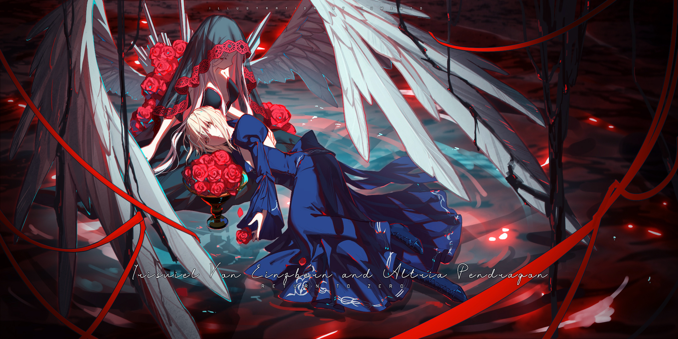 Anime Anime Girls Wings Flowers Dress Lying On Side Saber Fate Series Water Veils Blonde Yellow Eyes 2160x1080