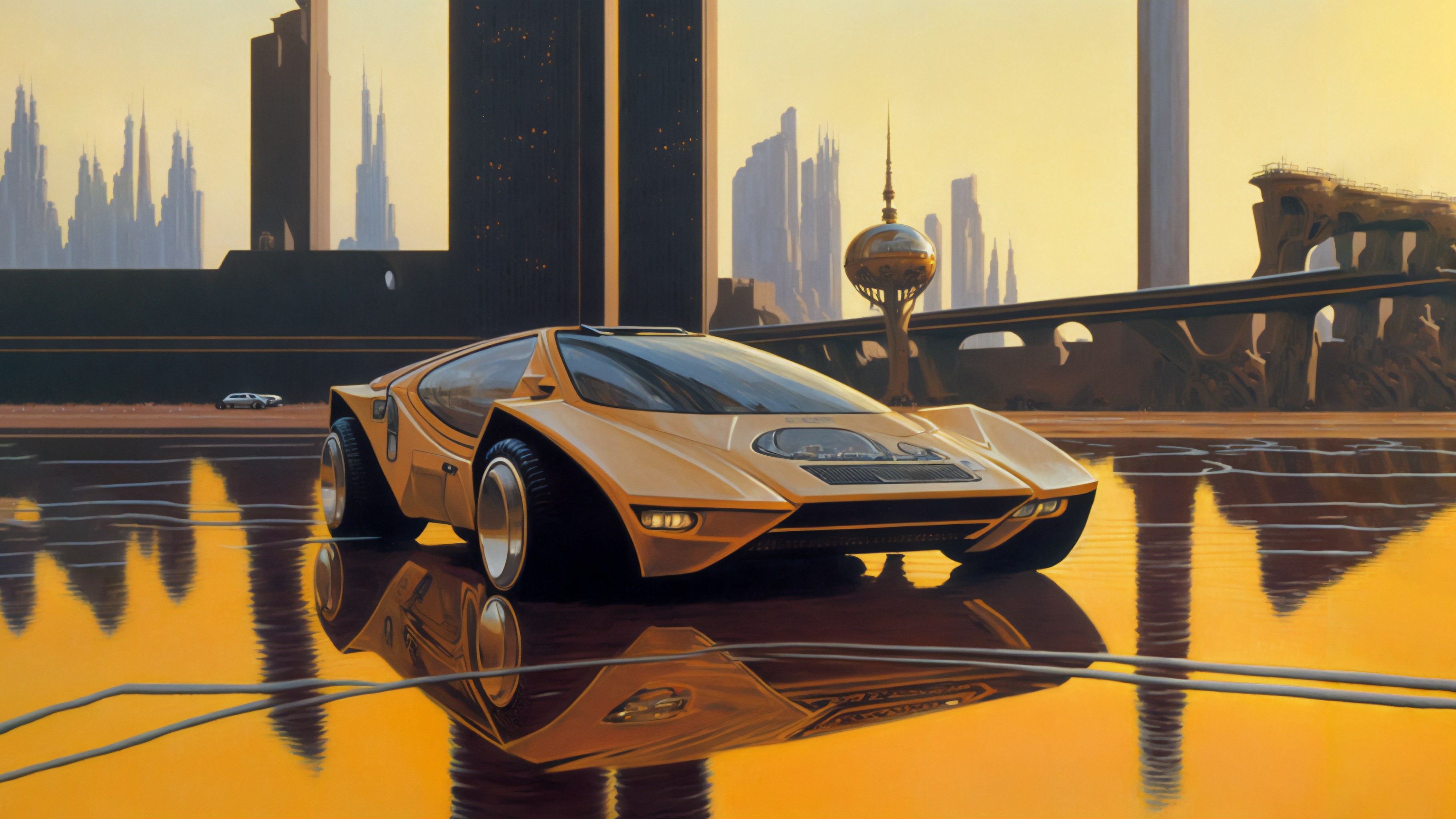 Retro Science Fiction Sports Car Illustration Car Reflection Futuristic Ai Art Asymmetrical 3640x2048