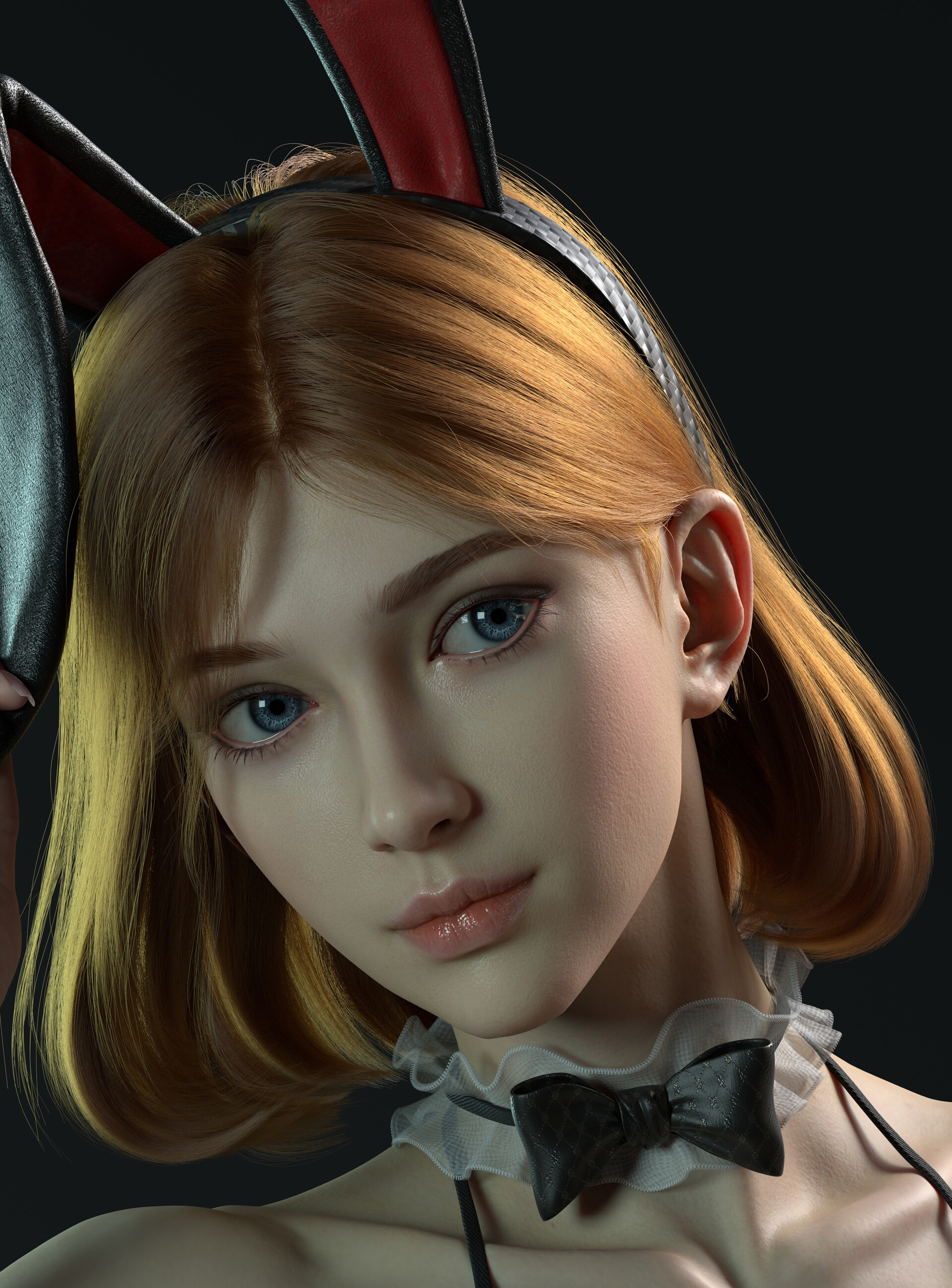Digital Art Artwork Illustration CGi Women Closeup Blue Eyes Bunny Ears Simple Background Redhead Bo 1920x2597