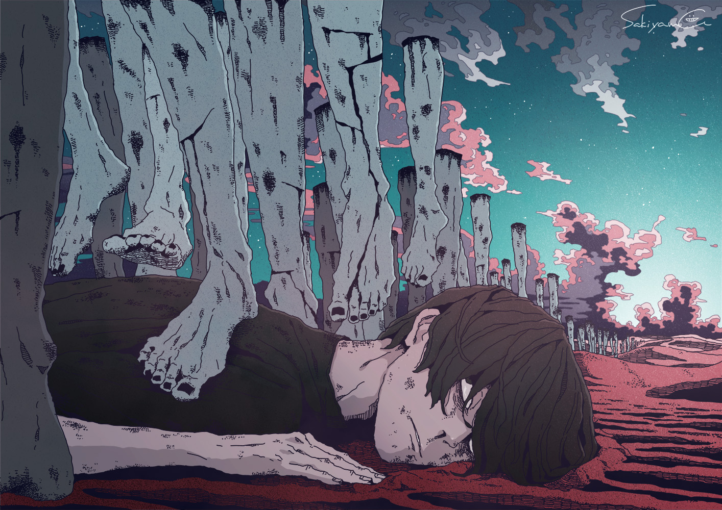 Anime Boys Barefoot Sakiyama Lying On Front Feet Sky Clouds Looking Up 1414x1000