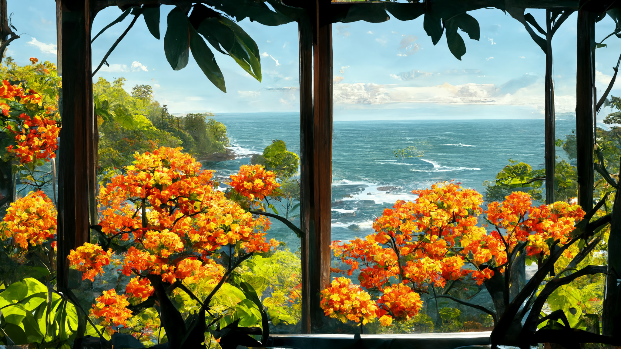 Landscape Forest Flowers Trees Sea Lake Window House Cottage Bushes Render Water 2048x1152