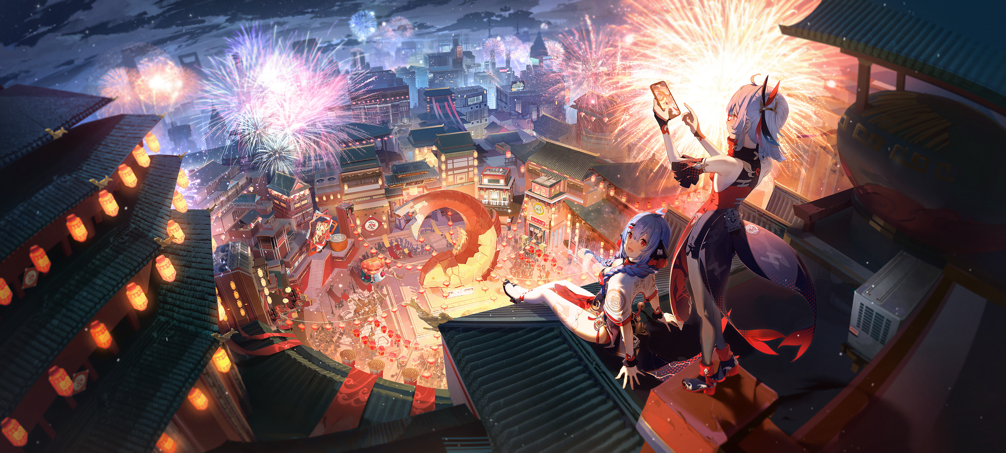 Bilibili Anime Girls Anime Fireworks Fish Festivals Chinese Architecture 3324x1500