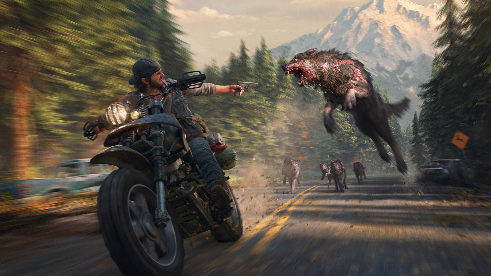 Days Gone Video Games Video Game Art Wolf Animals Motorcycle Trees Mountains Road Gun Video Game Man 1920x1080