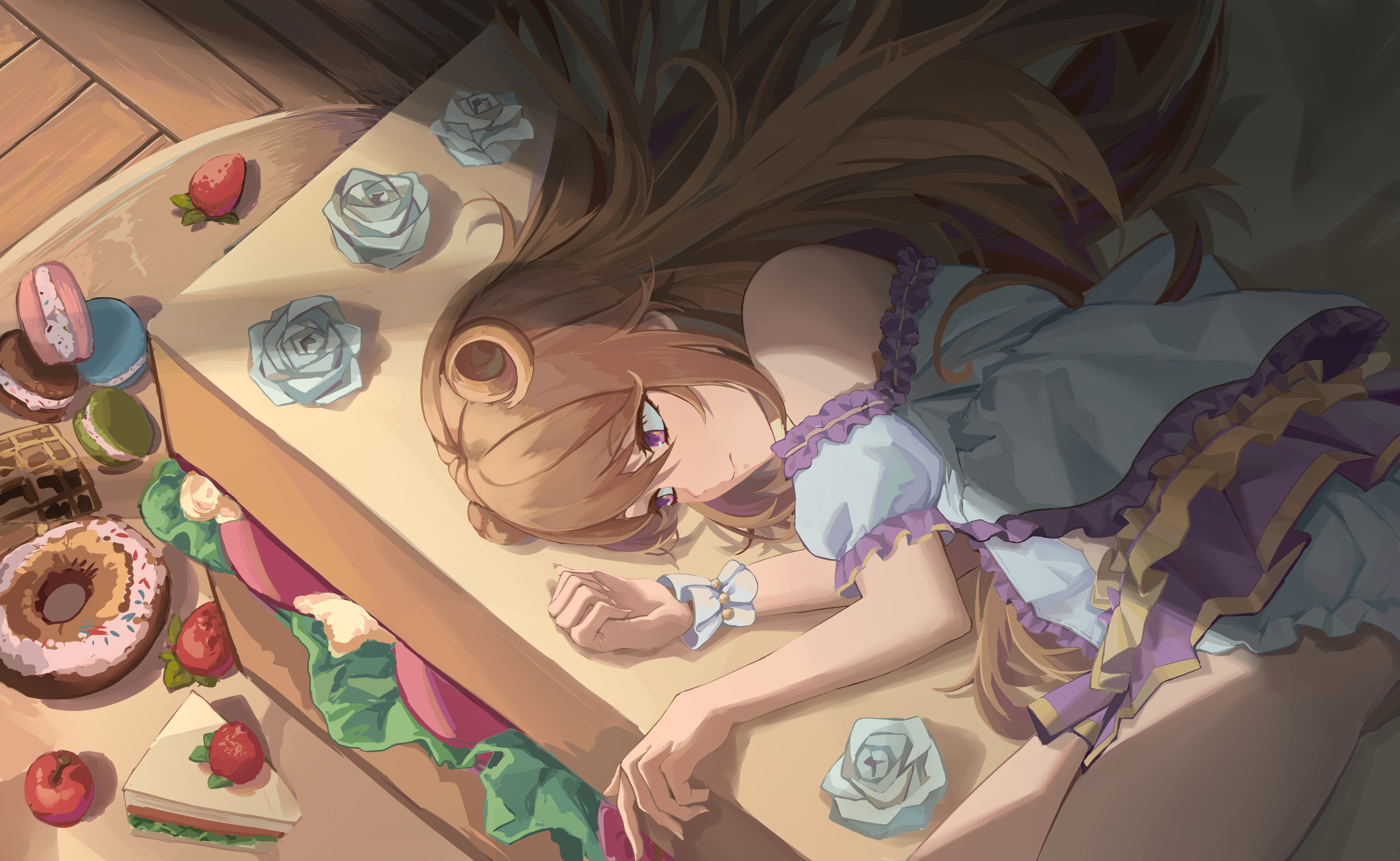 Anime Anime Girls Food Sandwich Donut Macaron Lying On Side Brunette Brown Eyes Flowers 6500x4000