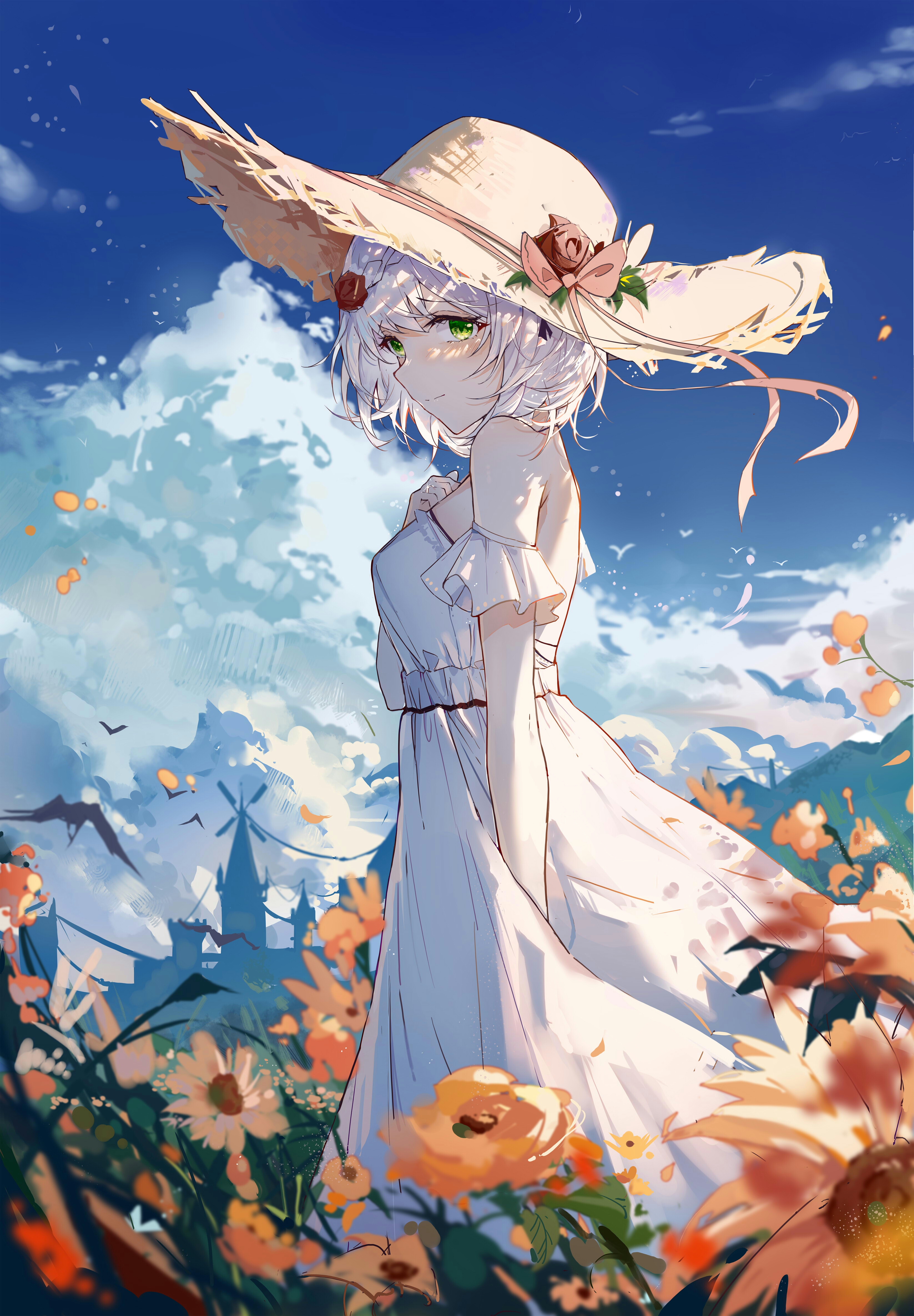 Anime Anime Girls Portrait Display Straw Hat Flowers Sky Clouds Noelle Genshin Impact Genshin Impact 3293x4740
