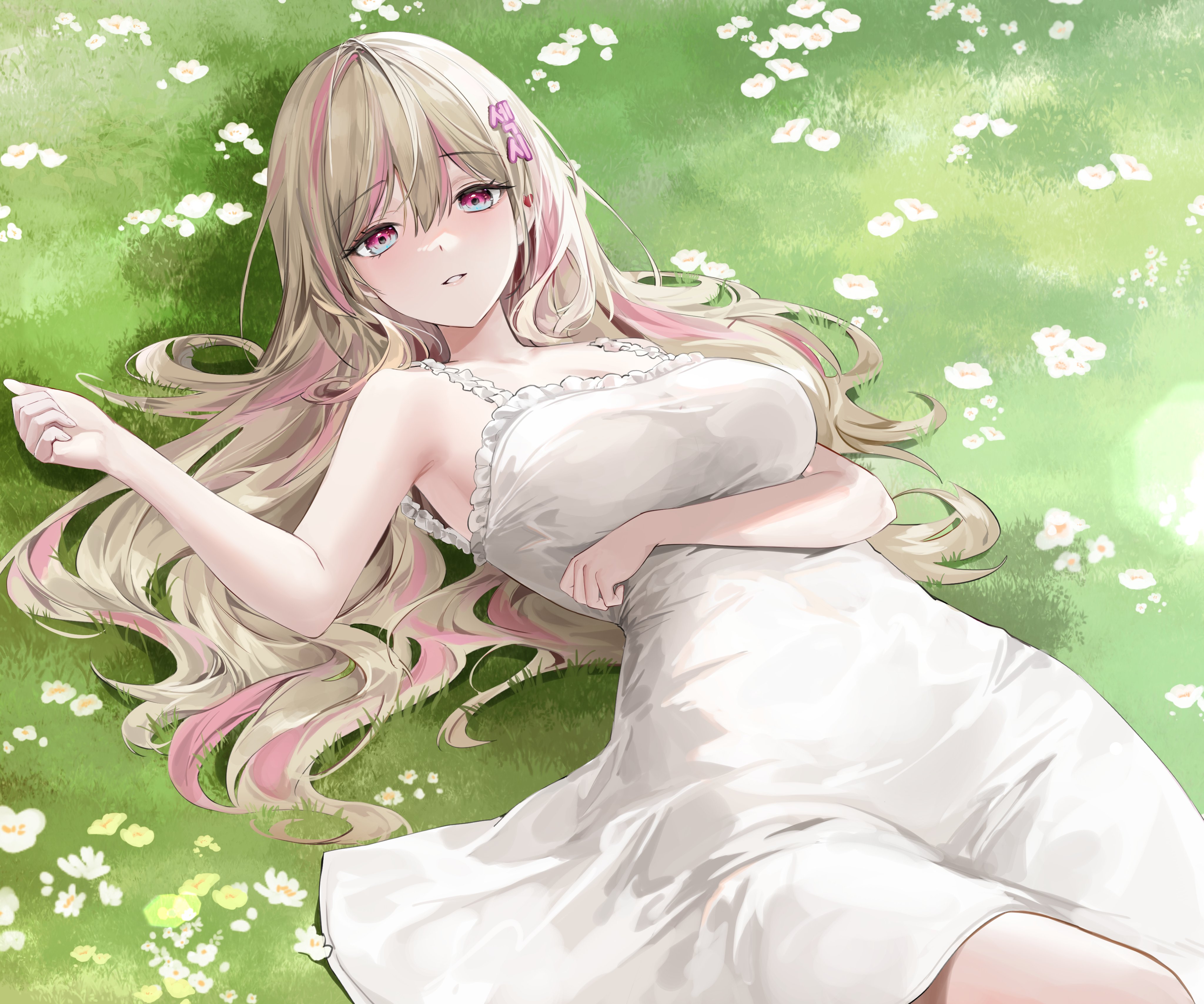 Anime Anime Girls Grass Flowers Blonde Dress White Dress Purple Eyes Lying On Back Two Tone Hair 4096x3418