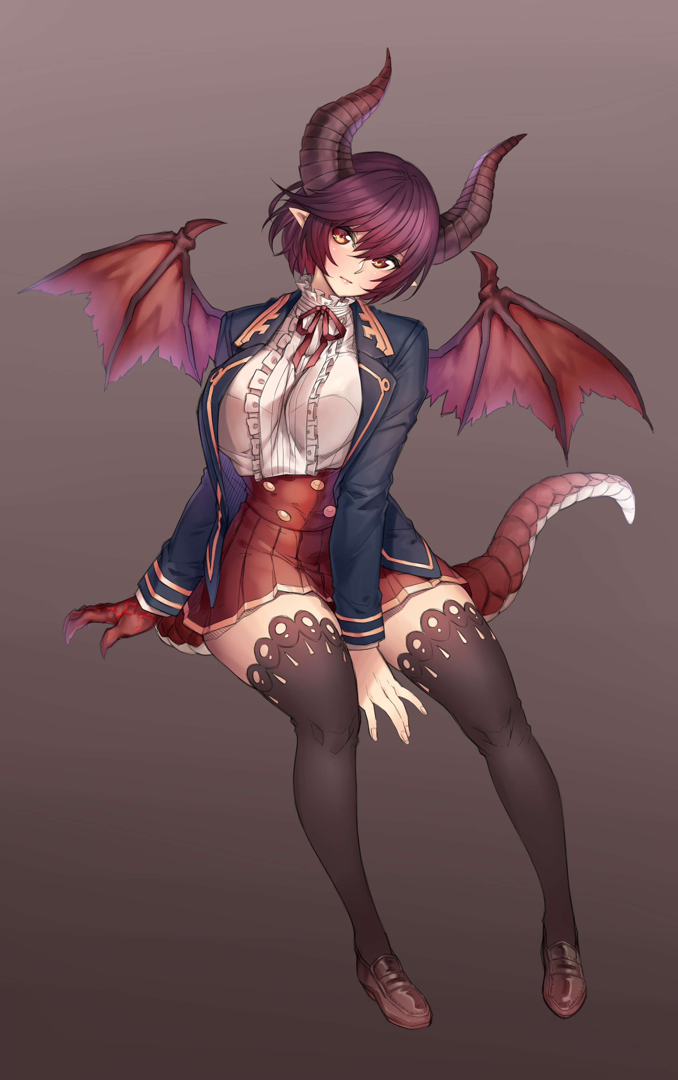 Anime Anime Girls Red Eyes School Uniform Wings Dragon Tail Horns Simple Background 2200x3500