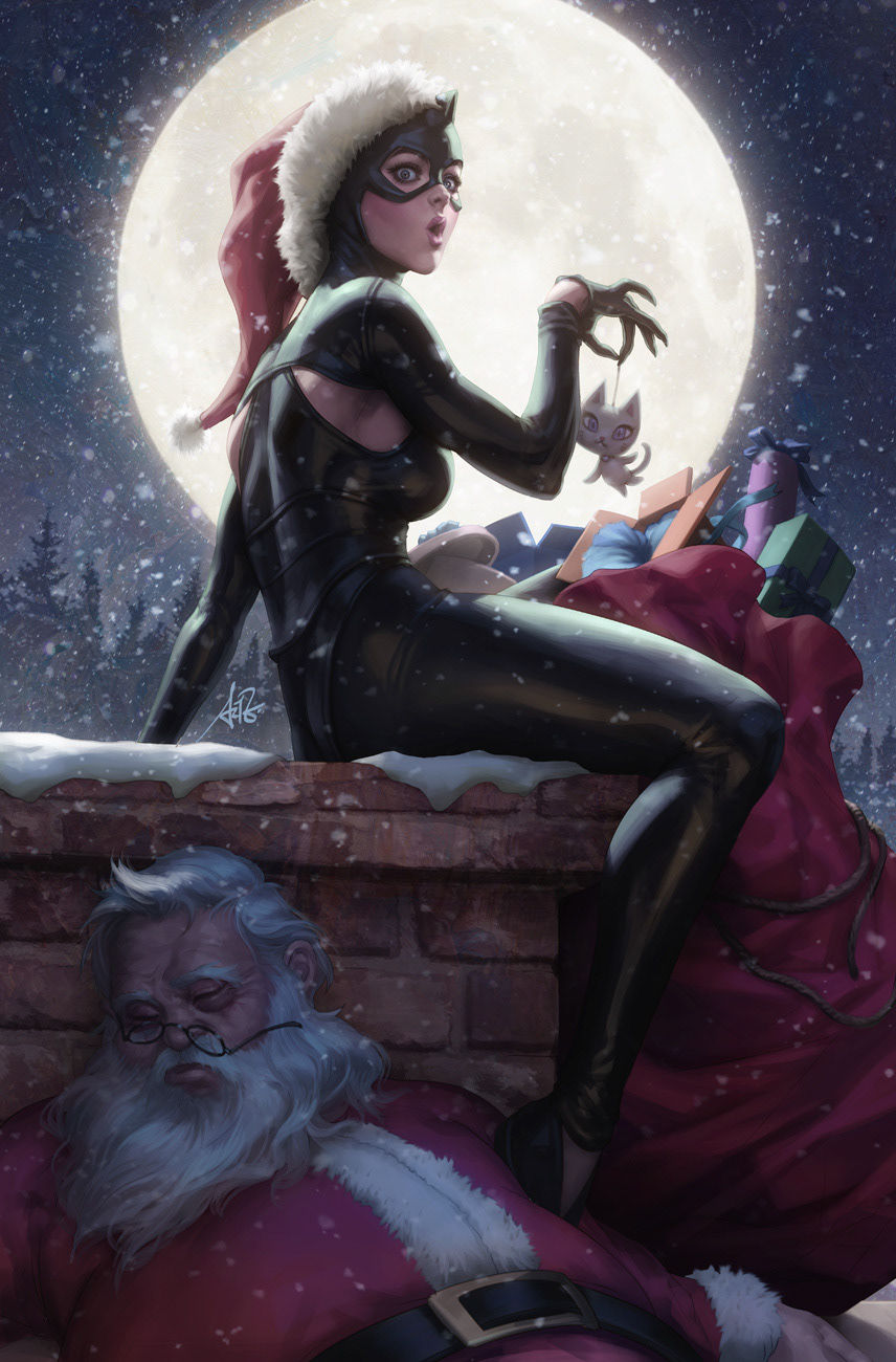 Artgerm Portrait Display DC Comics Batman Santa Claus Crossover Catwoman Chimneys Full Moon Moon Loo 856x1300