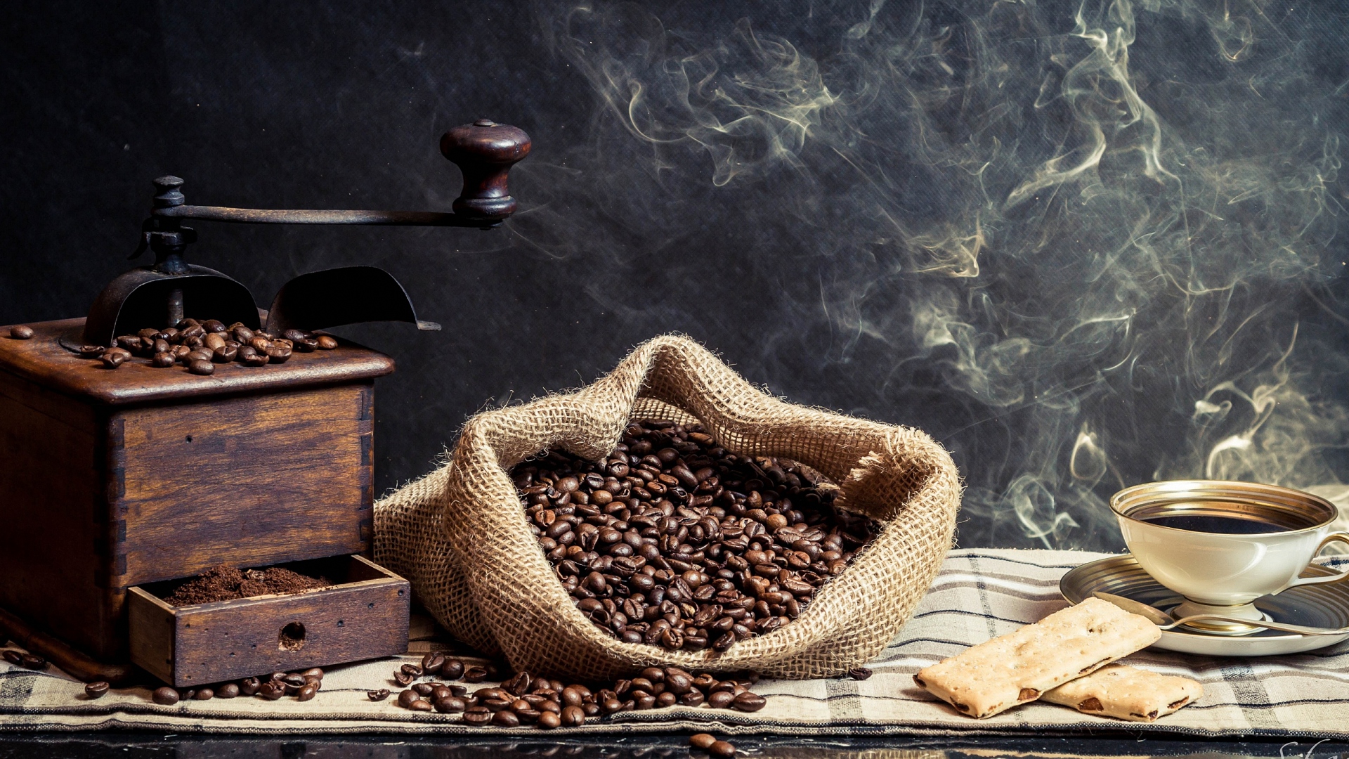 Photography Coffee Smoke Beans Still Life Cup Drink Cloth Wood 1920x1080