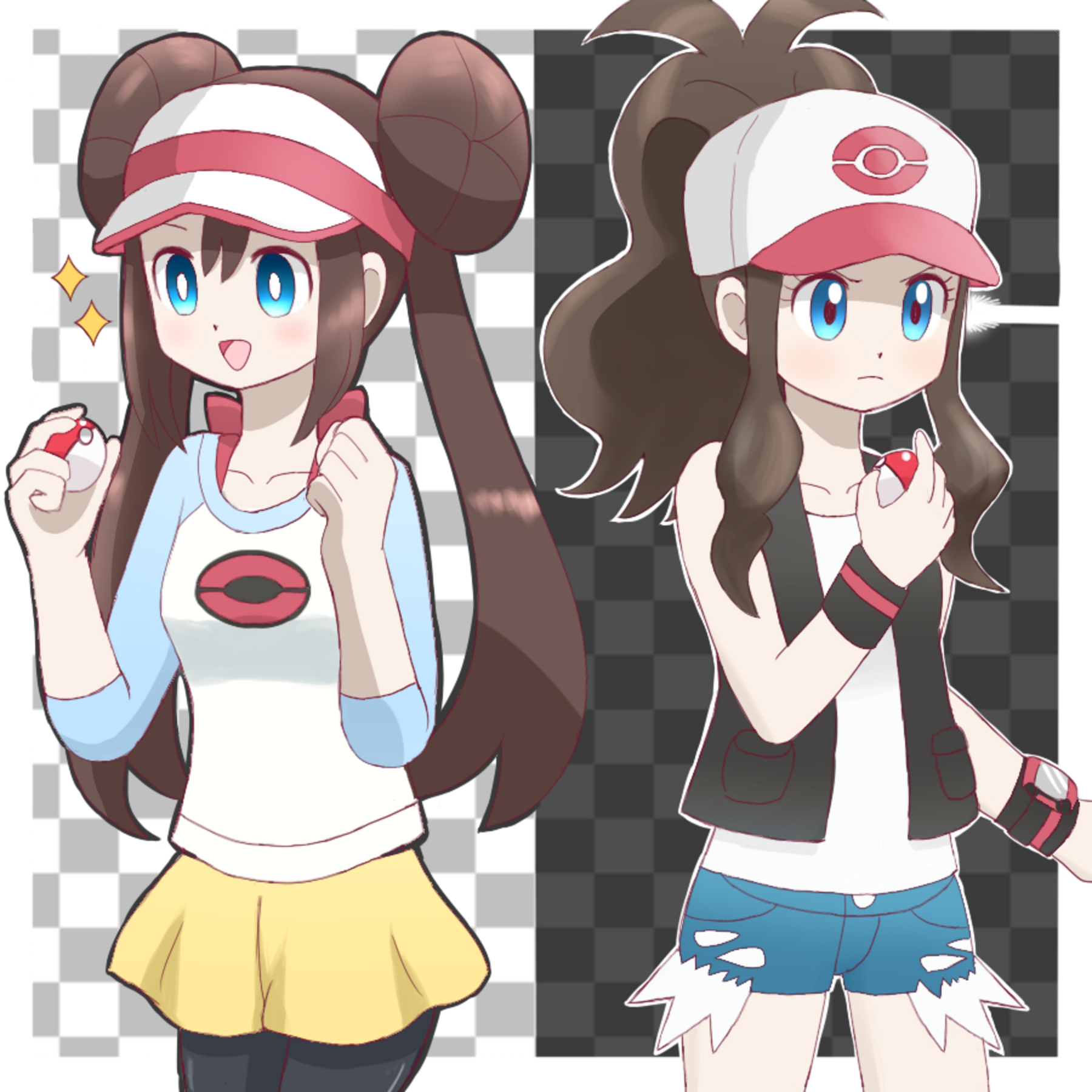 Anime Anime Girls Pokemon Rosa Pokemon Hilda Pokemon Long Hair Twintails Ponytail Brunette Two Women 1800x1800