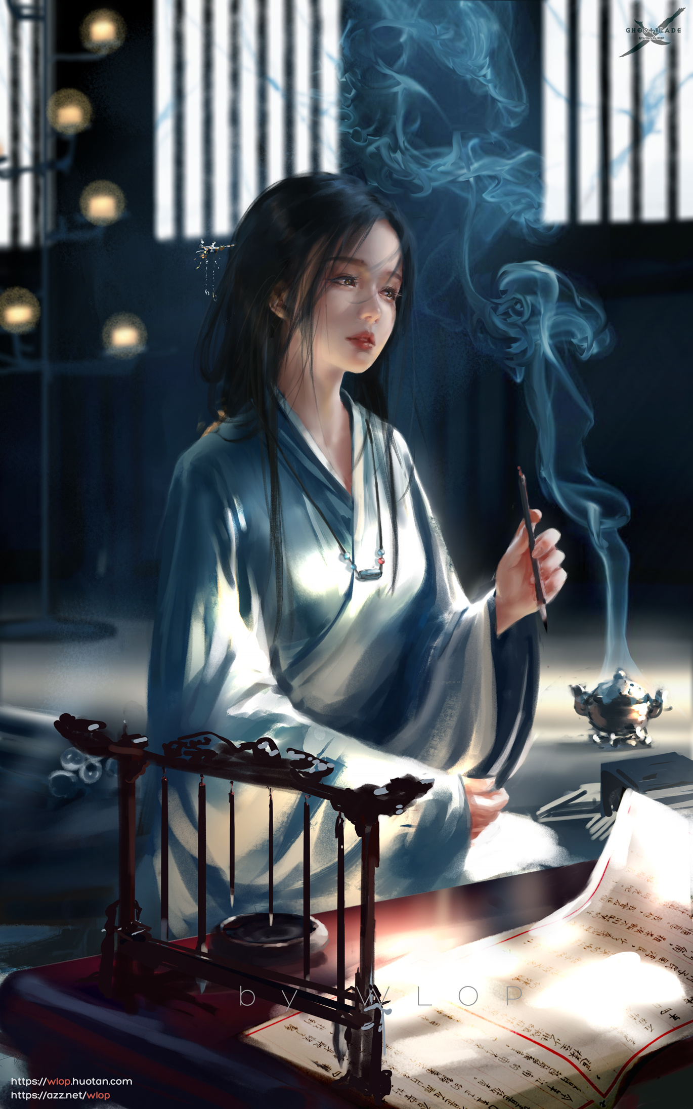 Wlop Artwork Fantasy Girl Ghostblade Women Long Hair Digital Art Brunette Smoke Wallpaper 6539