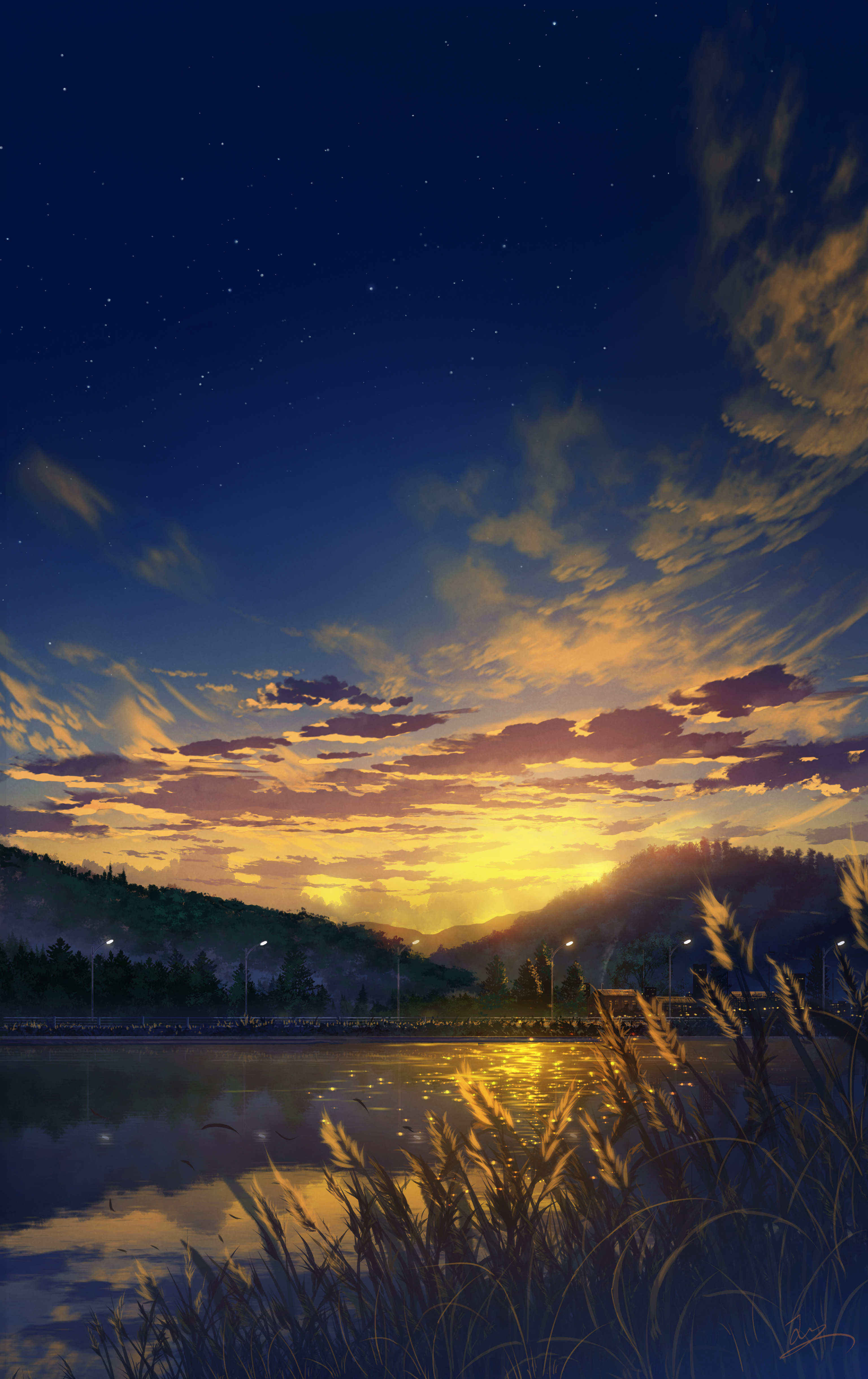 Anime Sunset Lake Digital Art Clouds Sky Sunset Glow Mountains Water Street Light Signature Stars 3072x4879