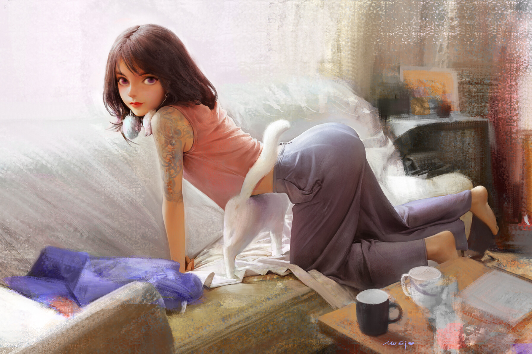 MuSi Drawing Women Brunette Looking At Viewer Purple Eyes Tank Top Tattoo Pants Cup Couch Cats 1793x1195