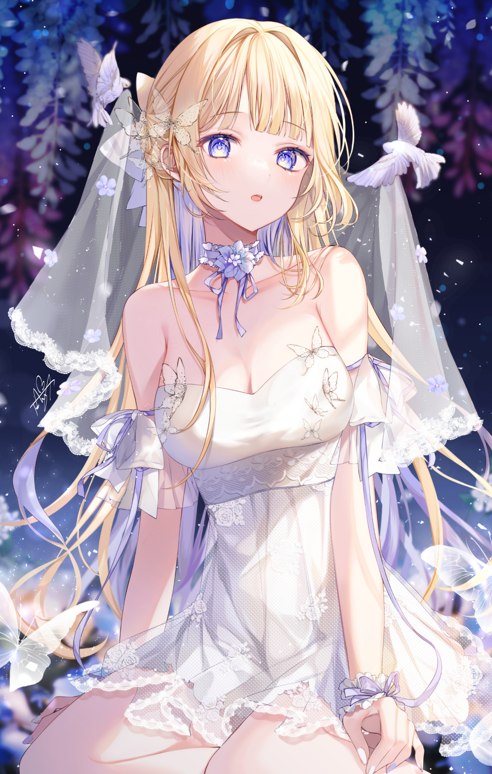 Anime Anime Girls Wedding Dress Long Hair Blonde Blue Eyes Looking At Viewer Portrait Display Leaves 1608x2528