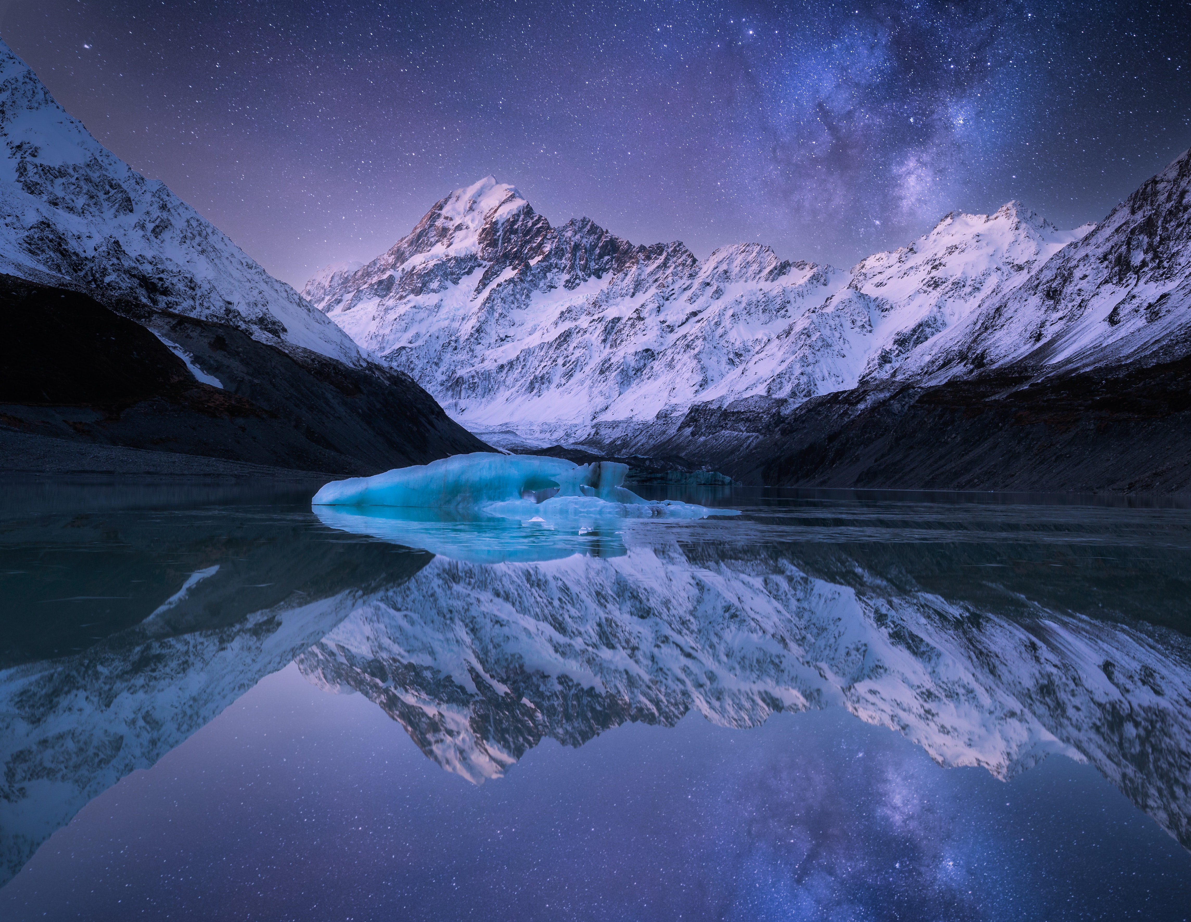 Landscape Nature Photography Mountains Sky Night Nightscape Galaxy Stars Reflection Snow New Zealand 4578x3543