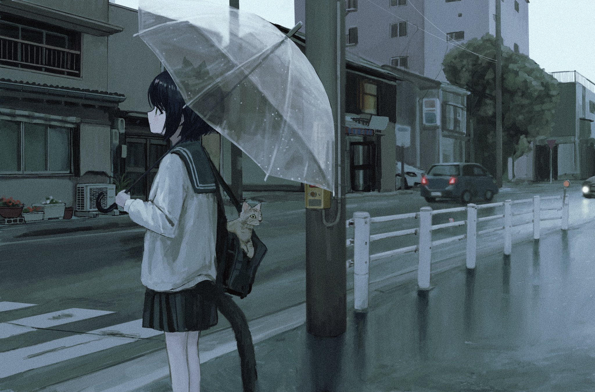 Rain Umbrella Japan Traffic Crossing Cat Girl Melancholic Sailor Uniform Cats Anime Girls Cat Ears C 2048x1348