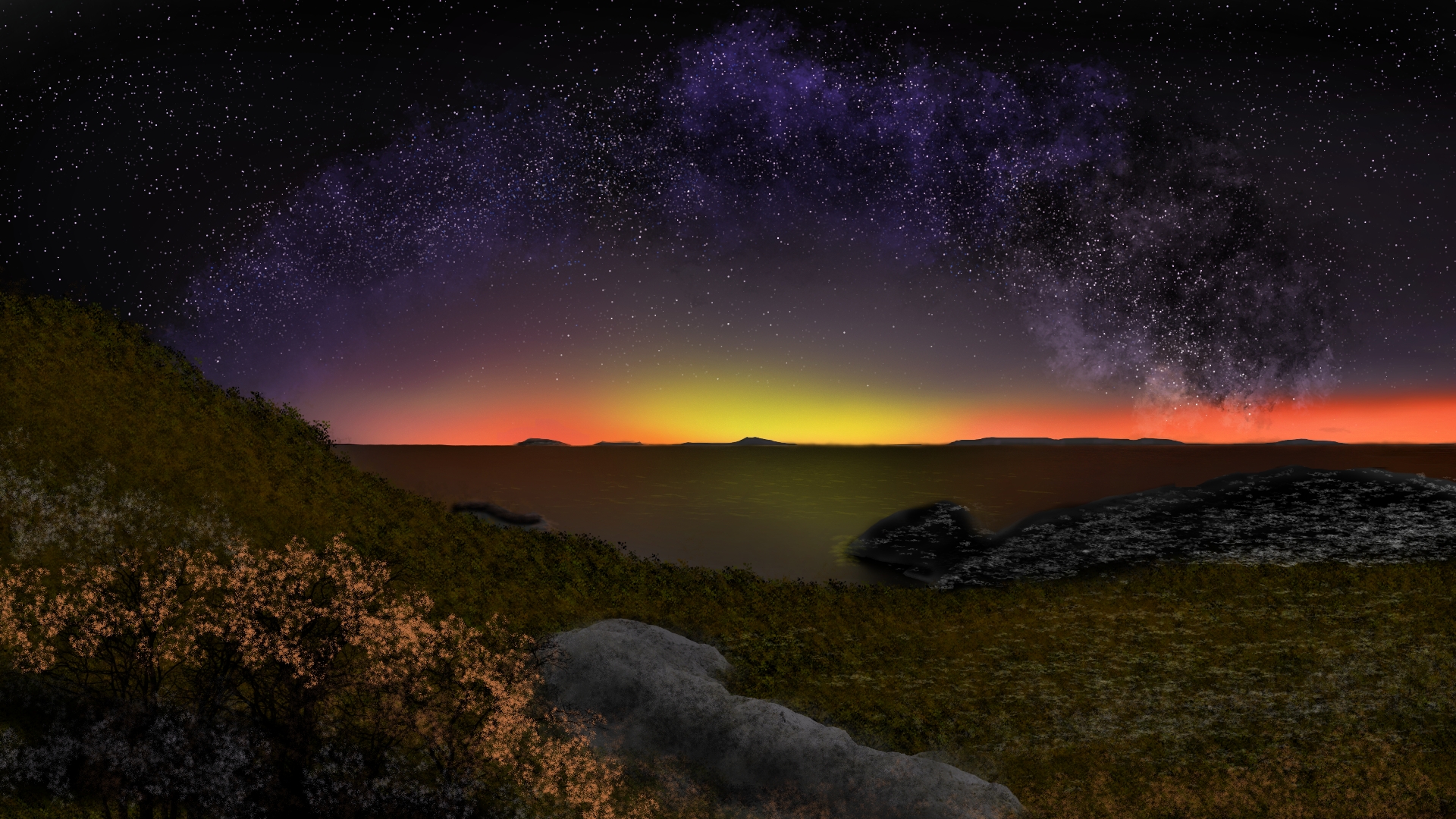 Digital Painting Digital Art Nature Landscape Stars Twilight Starry Night 1920x1080