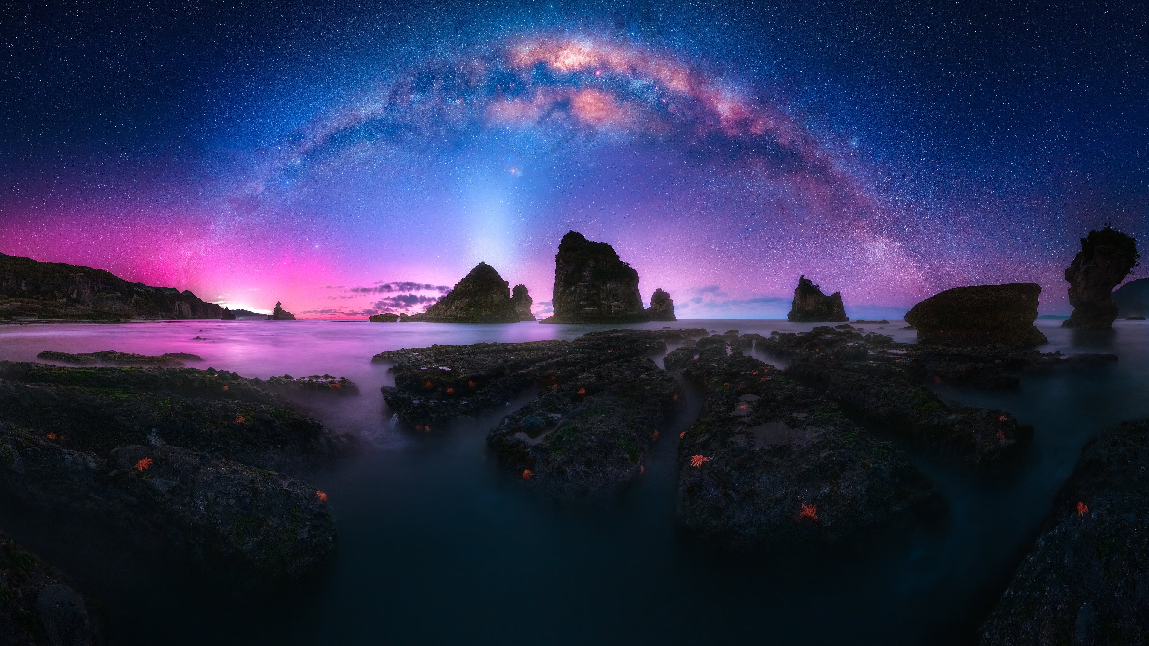 Nature Landscape Sea Coast Rock Night Sky Stars Milky Way Reflection 3840x2160