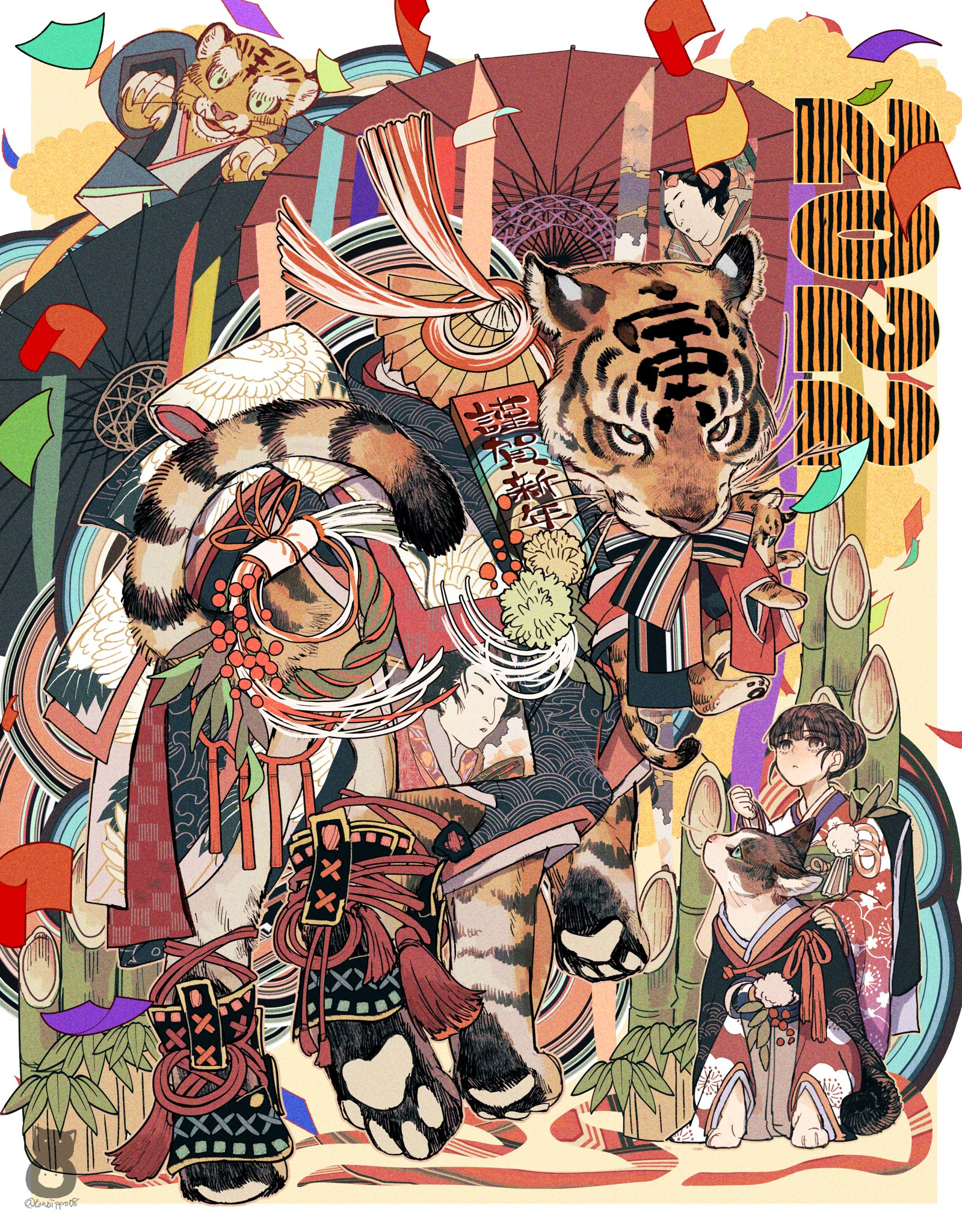 Tiger Bamboo Animals Anime Girls Cats Artwork 1599x2048