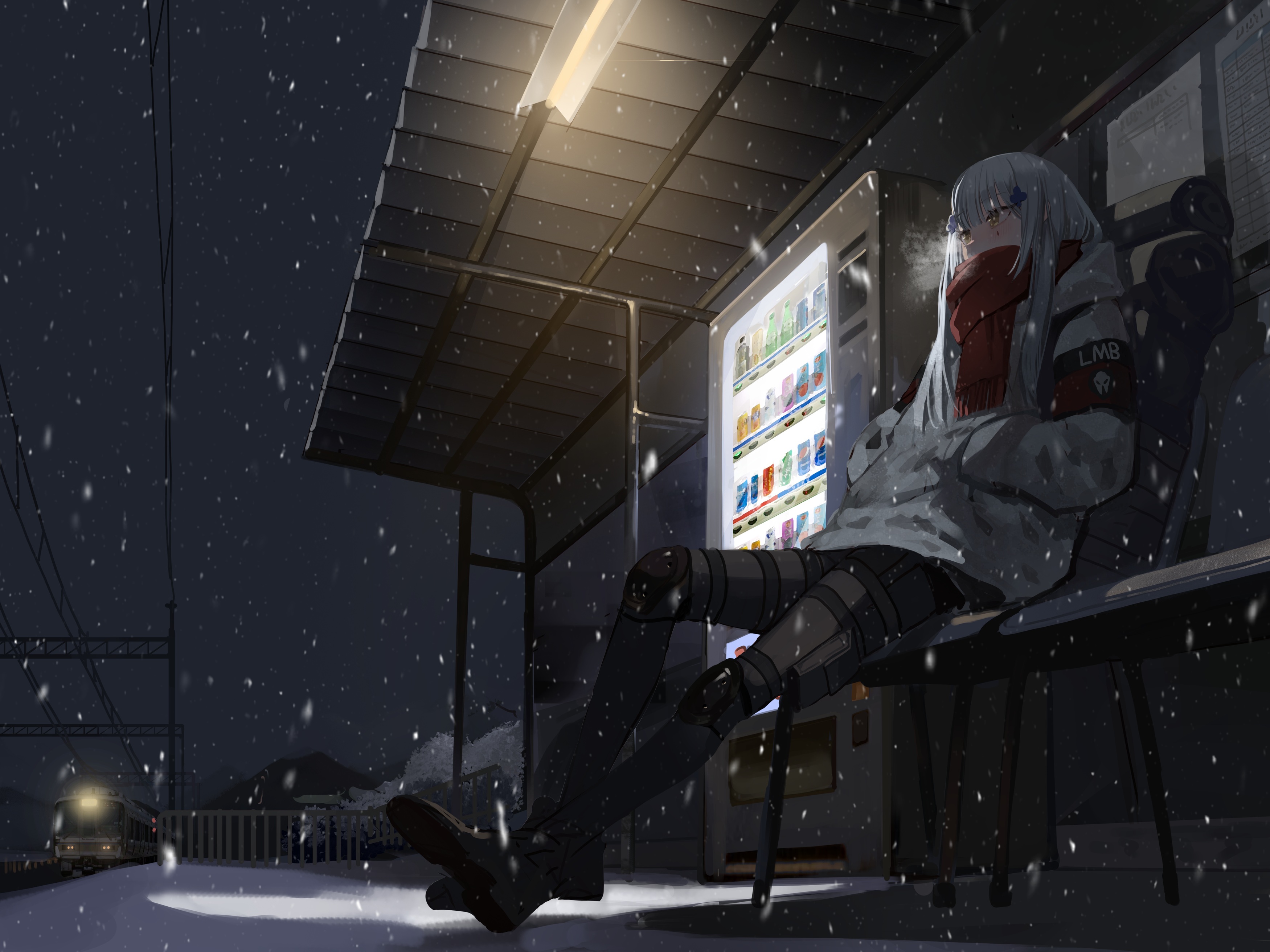 Anime Anime Girls Scarf Snow Night Train Station Train Coats Girls Frontline HK416 Girls Frontline B 3500x2625