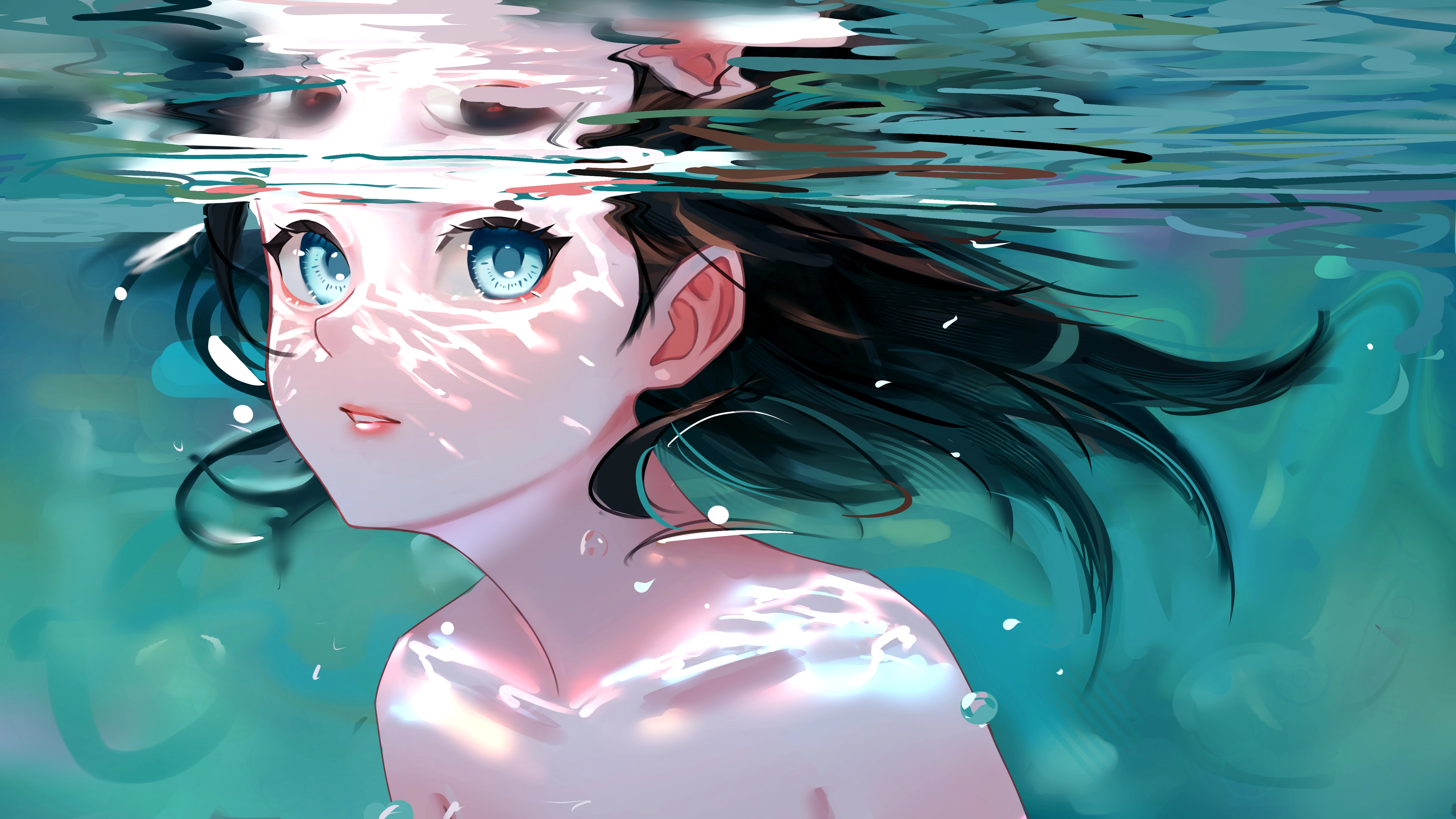 Digital Art Artwork Illustration Women Portrait Long Hair Dark Hair Water Underwater Blue Eyes Looki 4772x2685