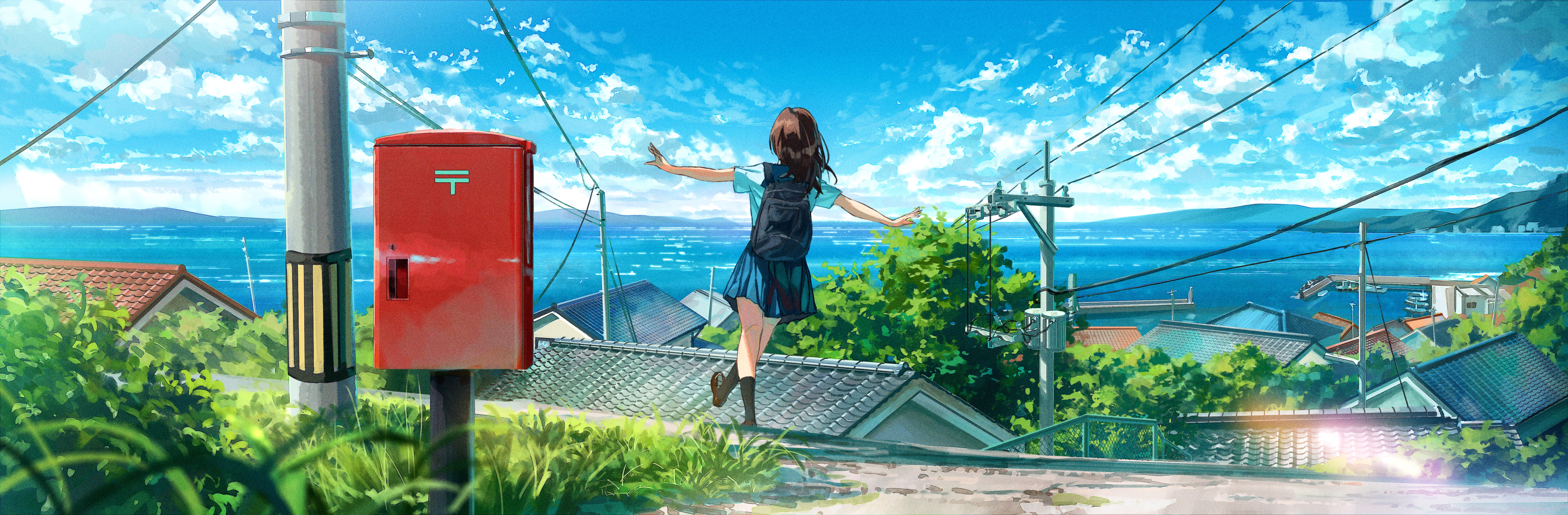 Anime Anime Girls Schoolgirl School Uniform Clouds Water Sky Village Wires Grass 6741x2213