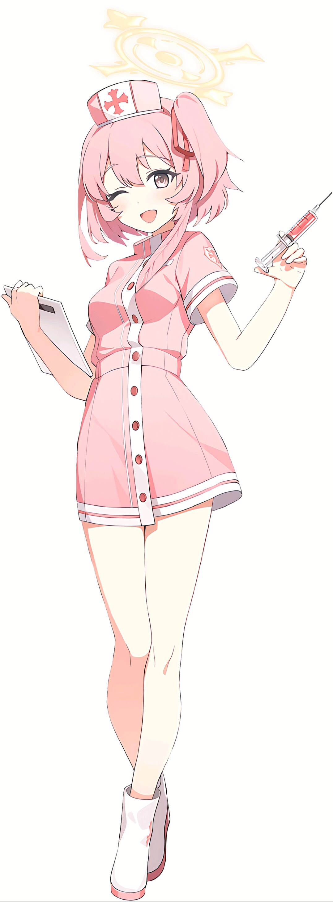 Anime Anime Girls Vertical Nurses Nurse Outfit One Eye Closed Needles Pink Hair Pink Eyes Minimalism 1077x2920