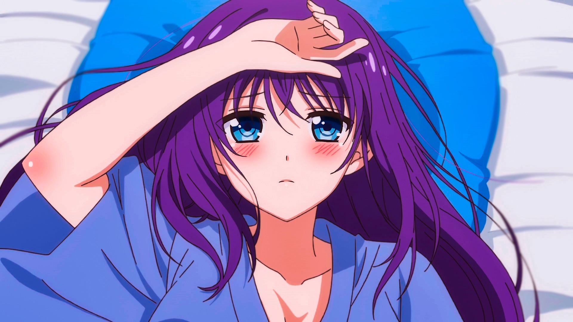 Anime Girls Ao Horie Midara Na Ao Chan Wa Benkyou Ga Dekinai Purple Hair Blue Eyes Blush Lying On Ba 1920x1080