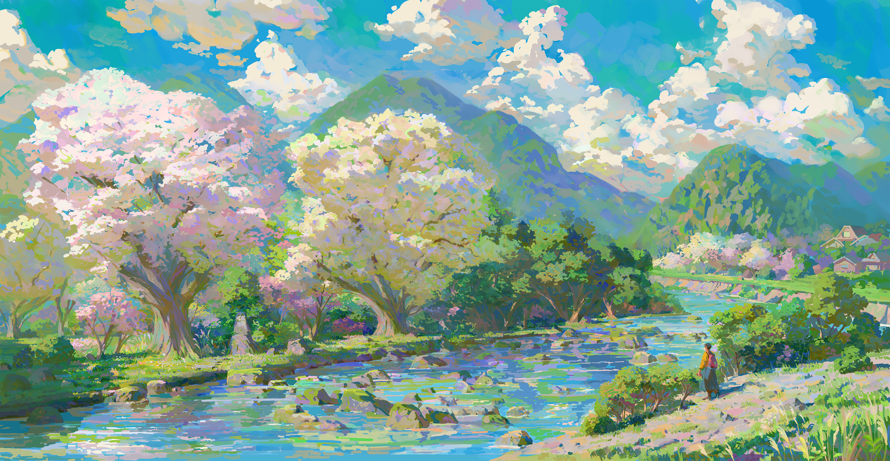 Digital Art Fantasy Art Trees River Clouds Pastel Artwork 2965x1536