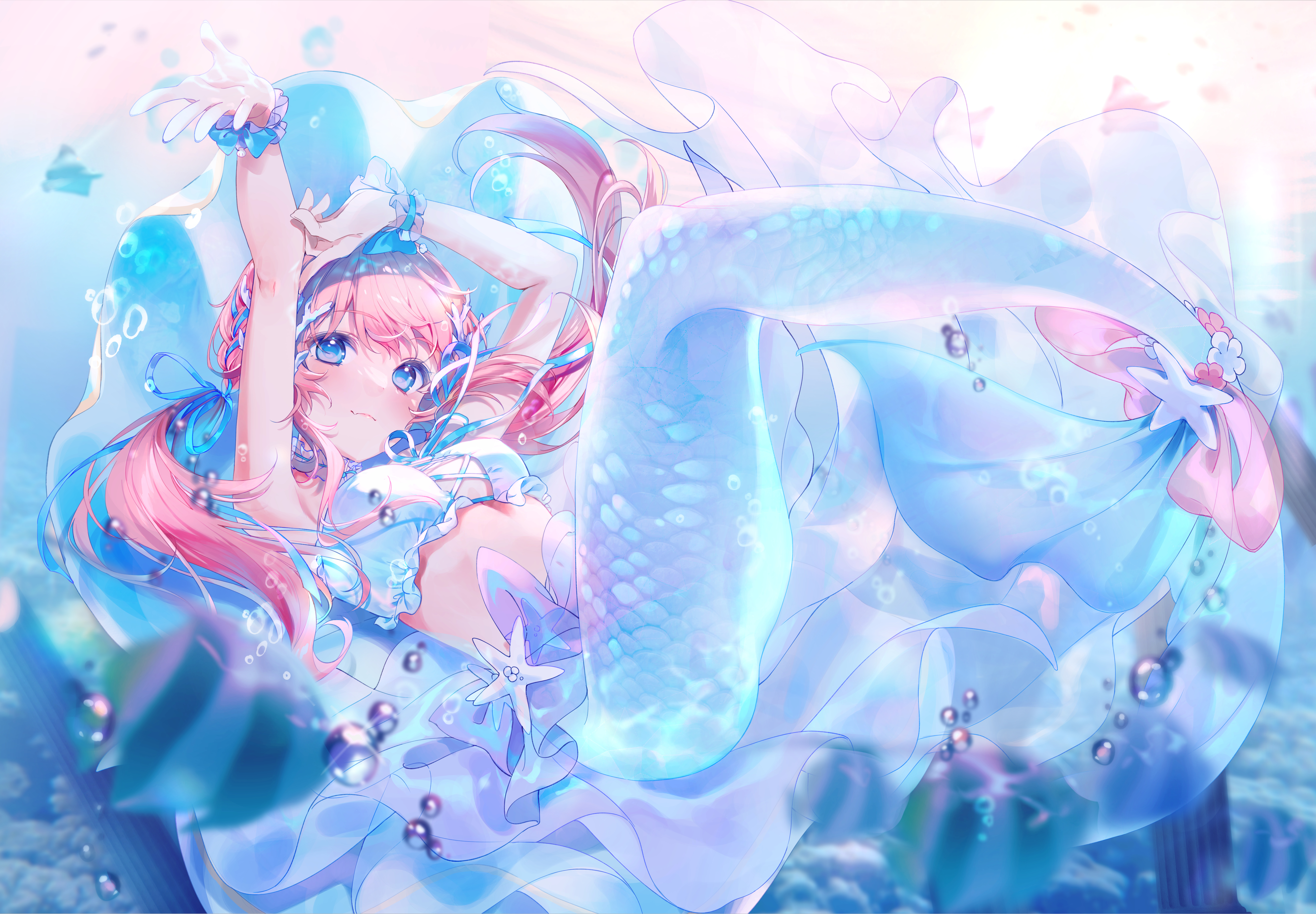 Anime Anime Girls Mermaids Smiling Looking At Viewer Blushing Long Hair Bubbles Tail Underwater Wate 6564x4558