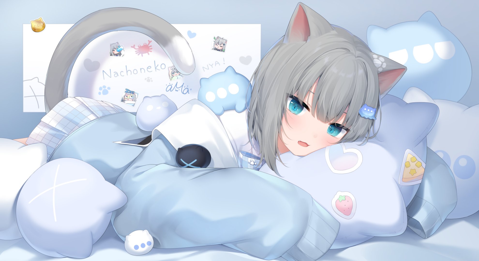 Amashiro Natsuki Anime Anime Girls Cat Girl Cat Ears Cat Tail Looking At Viewer Pillow Blushing Lyin 1980x1080