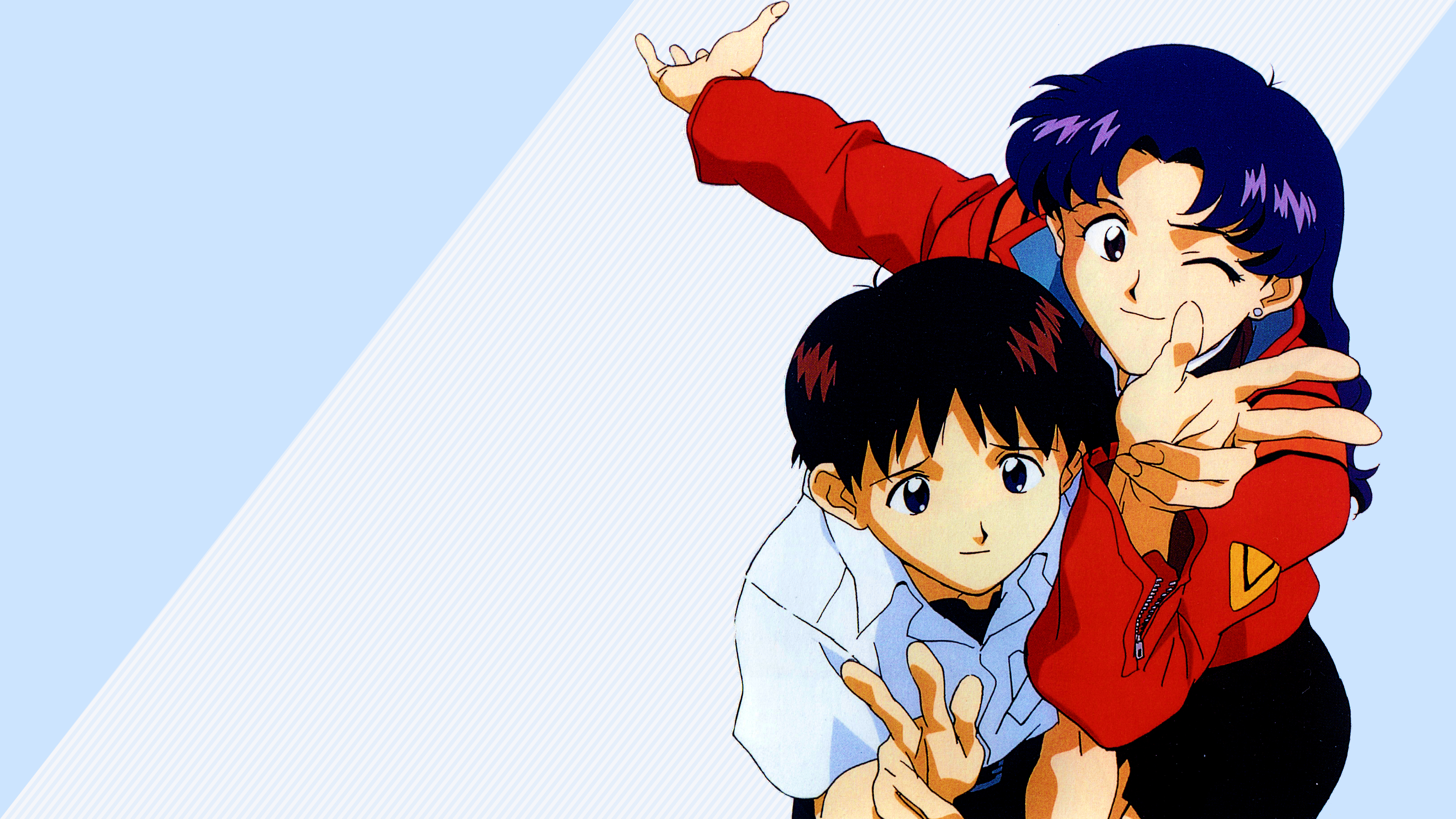 Neon Genesis Evangelion Ikari Shinji Katsuragi Misato Blue Hair Brunette Peace Sign Red Jackets Jack 3840x2160