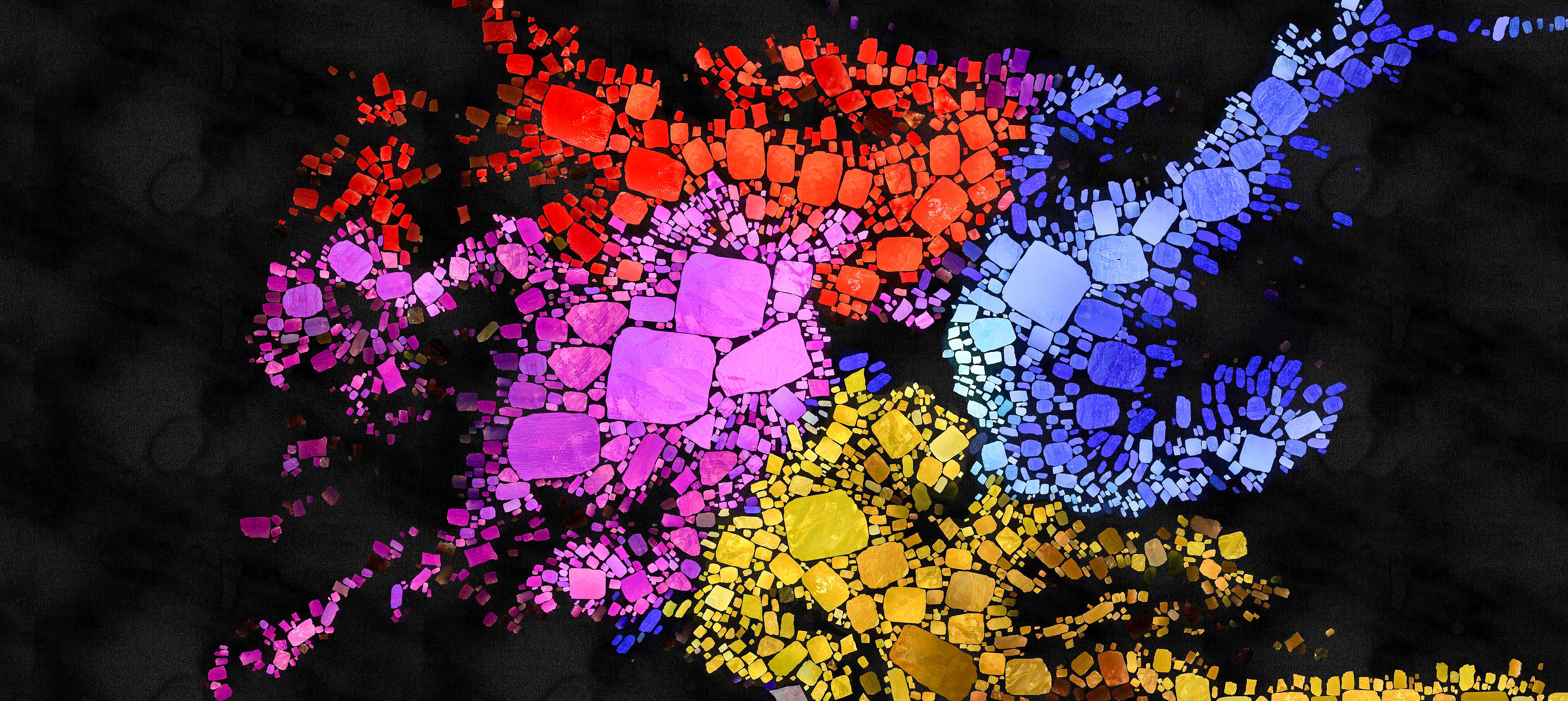 Digital Paint Splash Mosaic Abstract Dark Wide Image Wide Screen Illustration Colorful Detailed 5600x2506