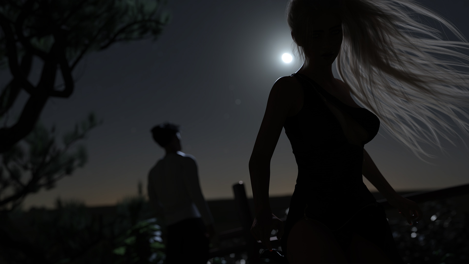 Moon Sky Game Video Game Characters Long Hair Video Games Blurred Blurry Background Silhouette Video 1920x1080