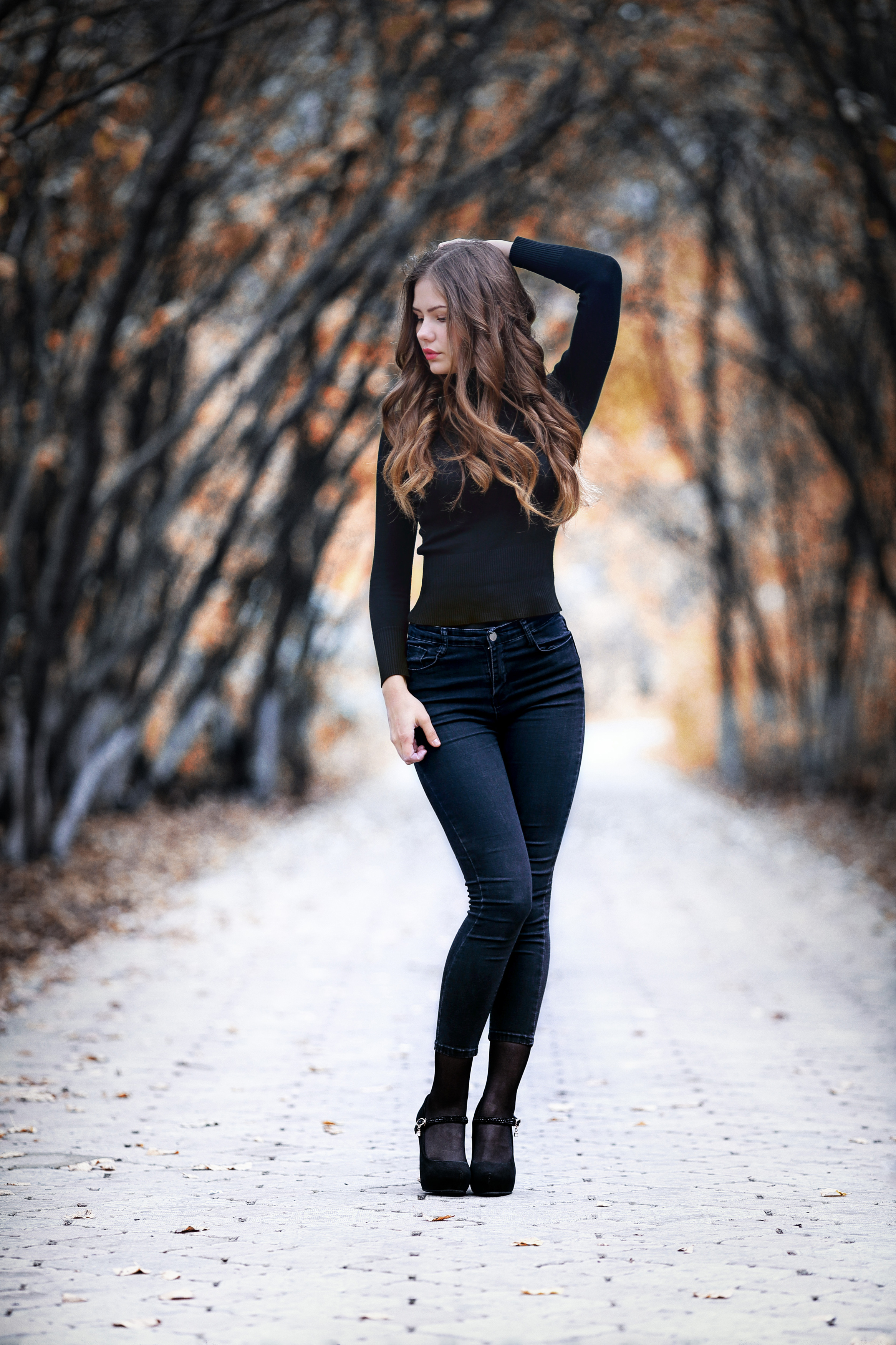 Murat Kuzhakhmetov Women Brunette Long Hair Black Clothing Jeans Depth Of Field Alleyway 2333x3500