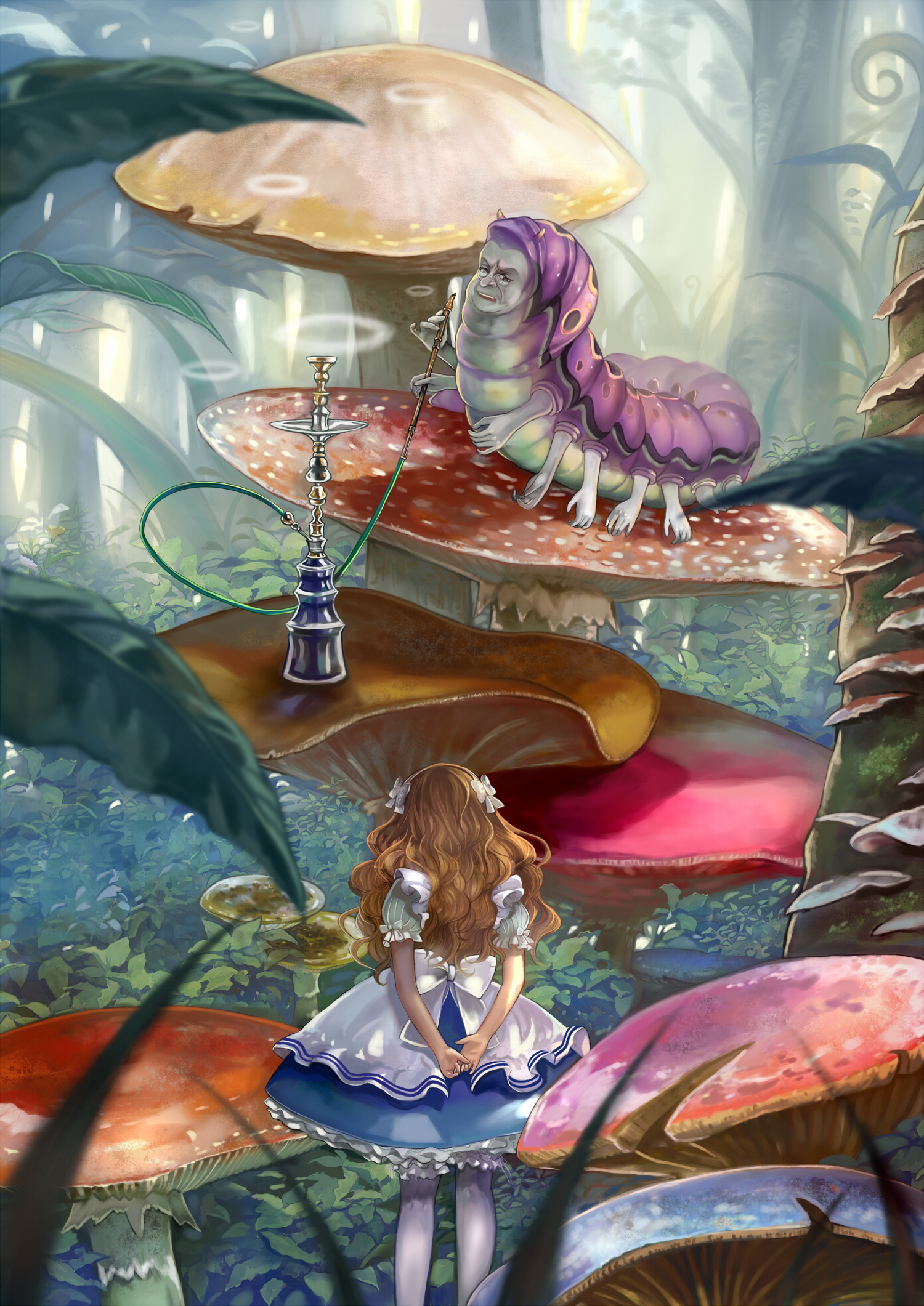 Anime Girls Pisuke Alice In Wonderland Forest Blonde Long Hair Trees Leaves Mushroom Vertical Rear V 1500x2121